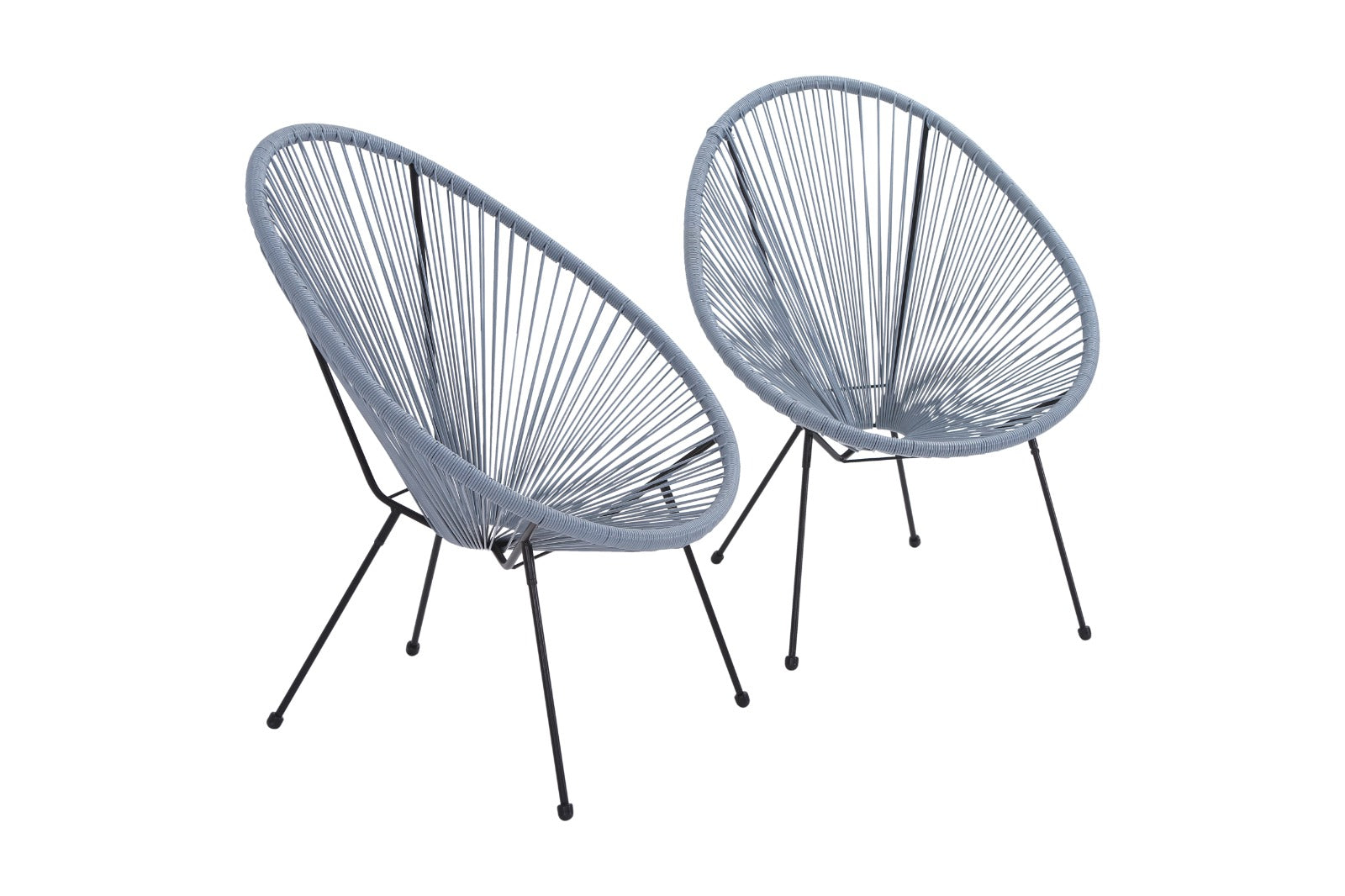 Two light gray Acapulco chairs with black metal legs ideal for patio relaxation