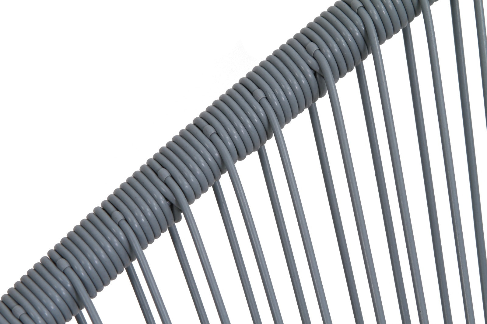 Closeup of grey resin cord on a modern outdoor chair frame