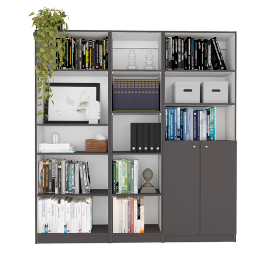 Modern gray bookshelf with assorted books framed art and hanging plant