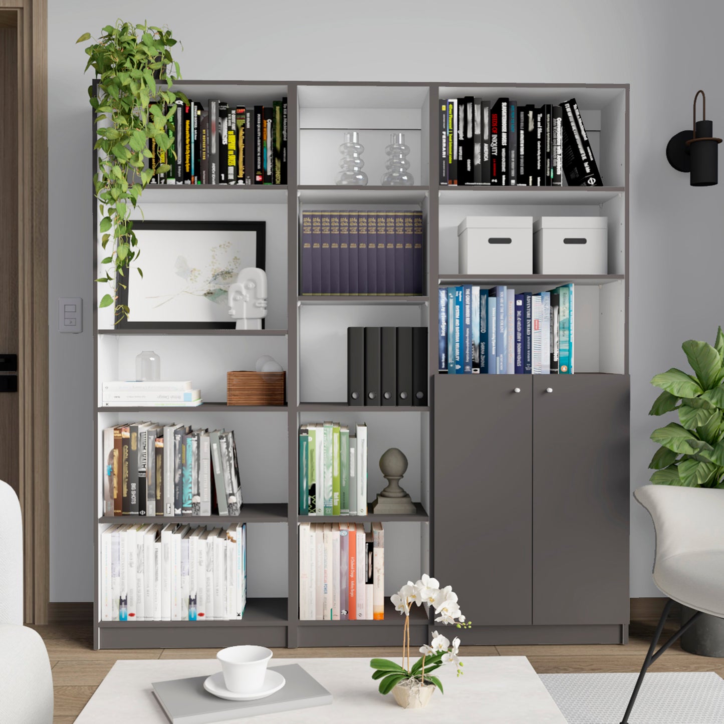 Grey modern bookshelf with assorted books decor and a trailing plant