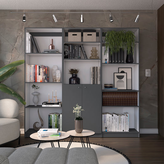 Modern grey storage bookshelf filled with books decor and baskets for home organization