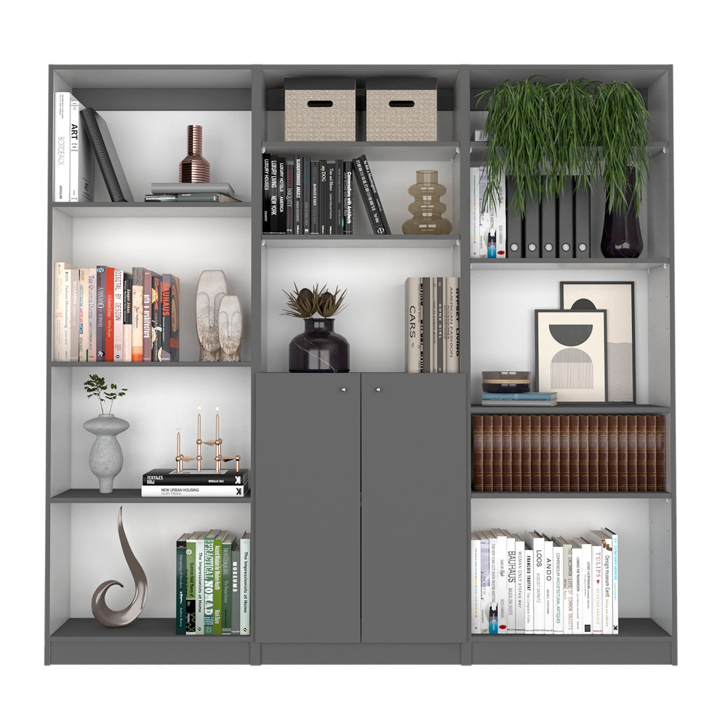 Modern grey bookshelf filled with art books decorative vases and storage boxes