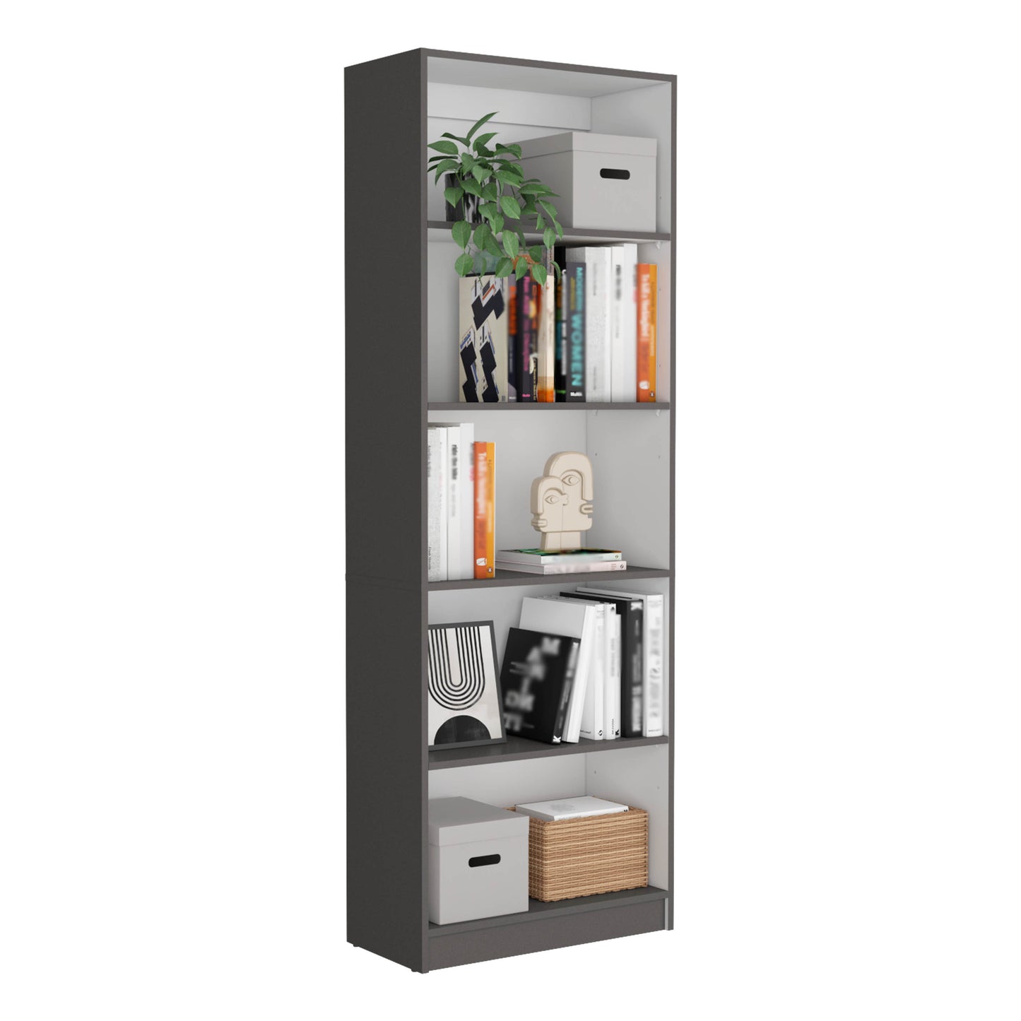 Tall gray modern bookshelf with five shelves displaying books and decorative items