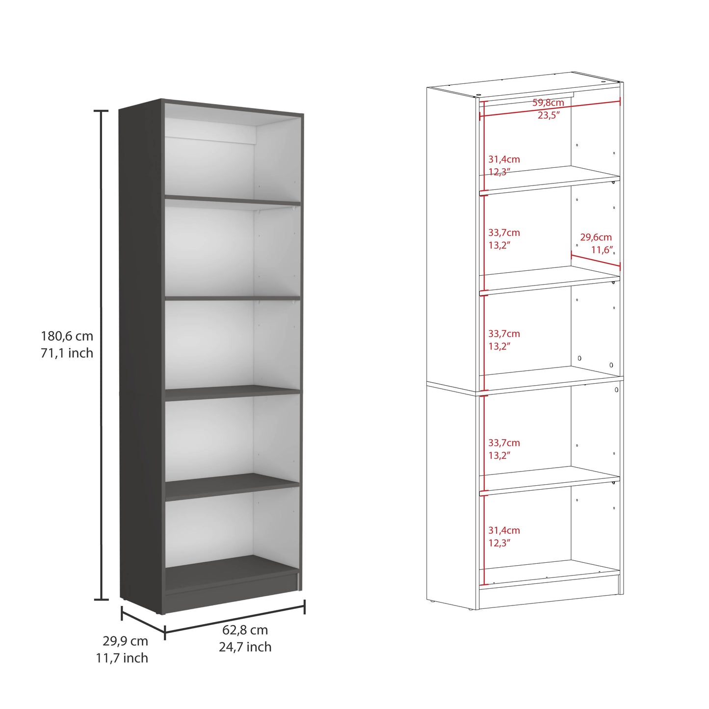 Dark grey modern bookcase with five white shelves and dimensions labeled