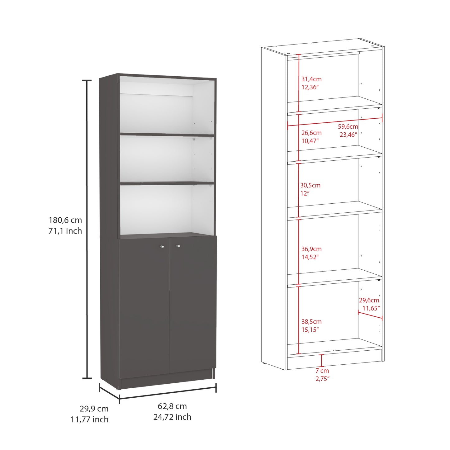 Dark gray tall bookcase with two doors and three open shelves dimensions cm H