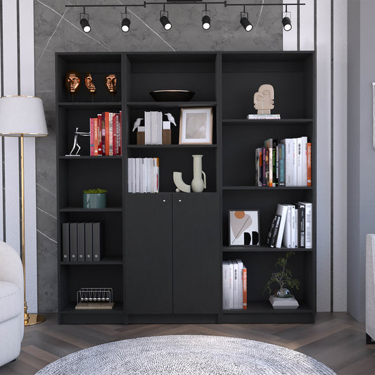 Black modern bookshelf unit with decorative sculptures and books