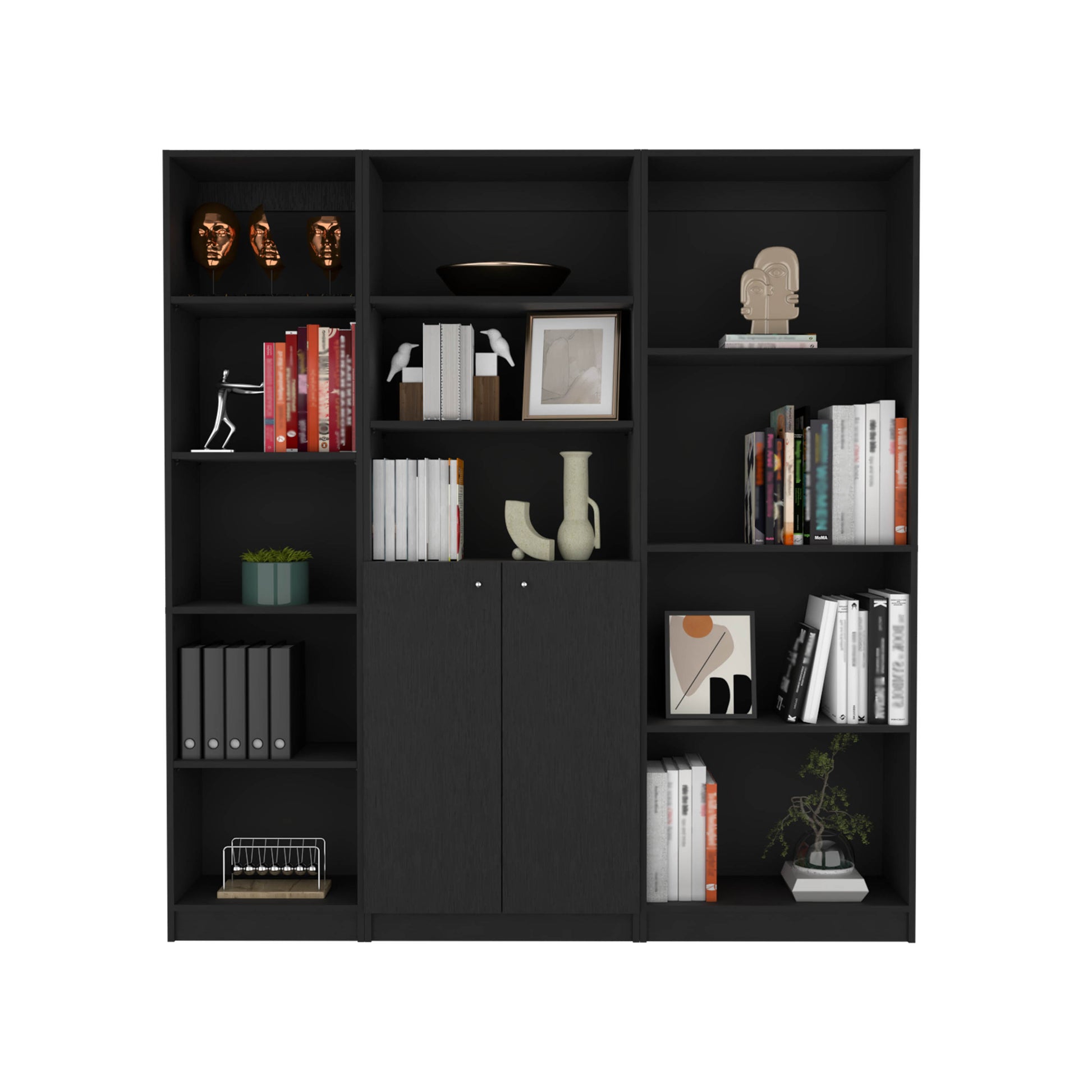 Black minimalist bookshelf filled with decorative objects and books