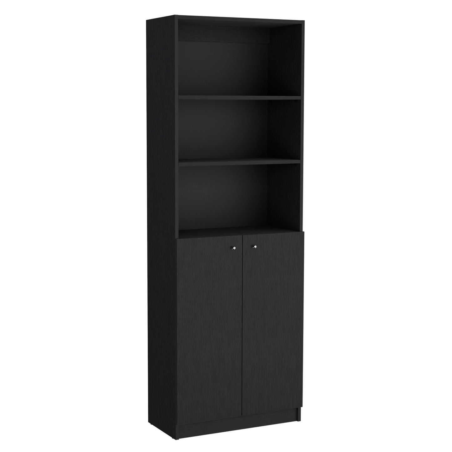 Tall black modern bookshelf with two cabinet doors and three open shelves