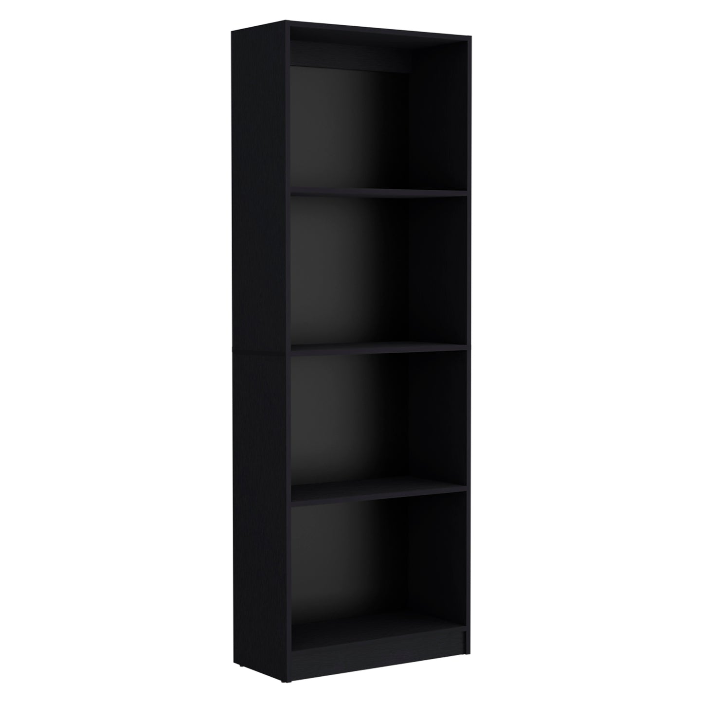 Tall black bookshelf with four open shelves ideal for home or office