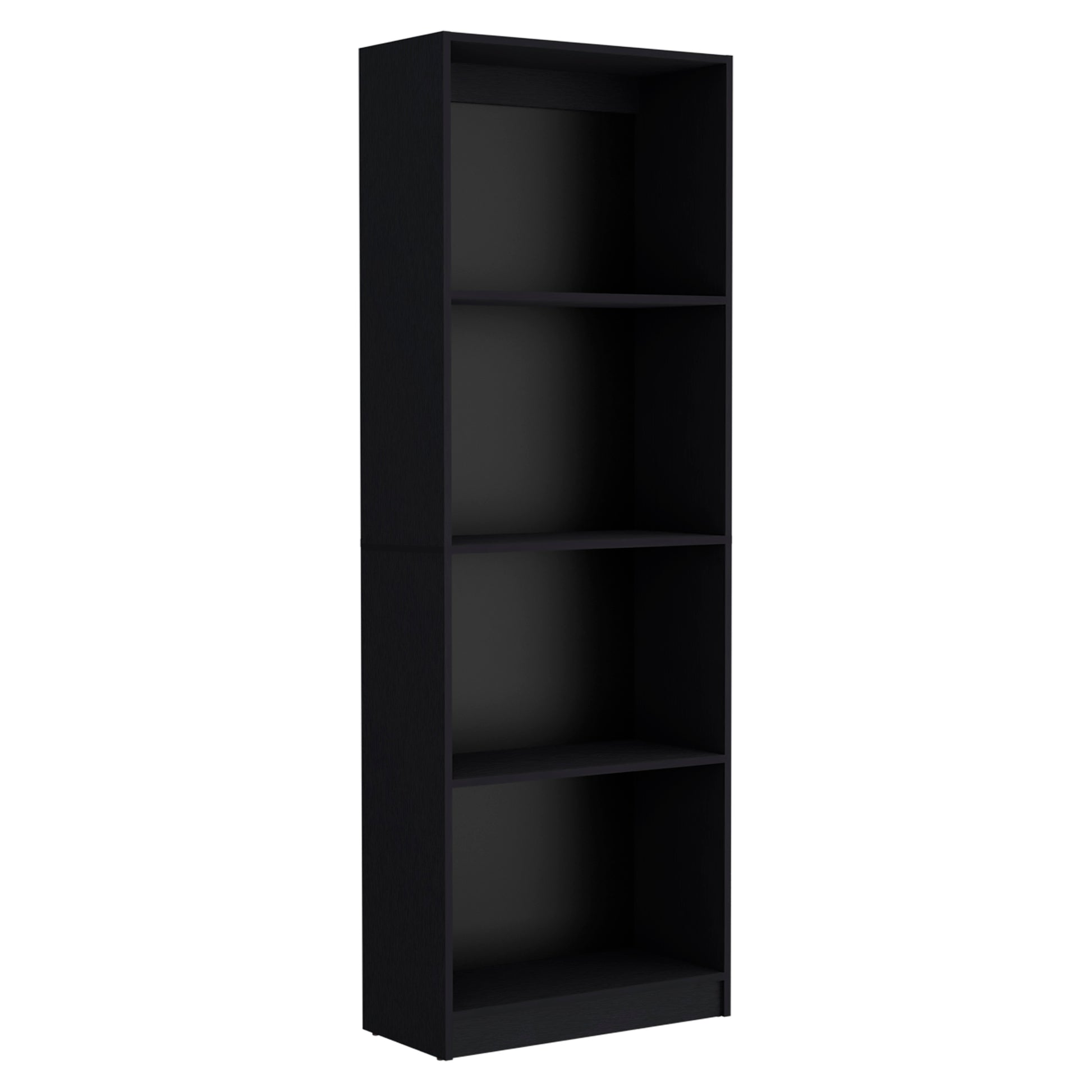 Tall black bookshelf with four open shelves ideal for home or office