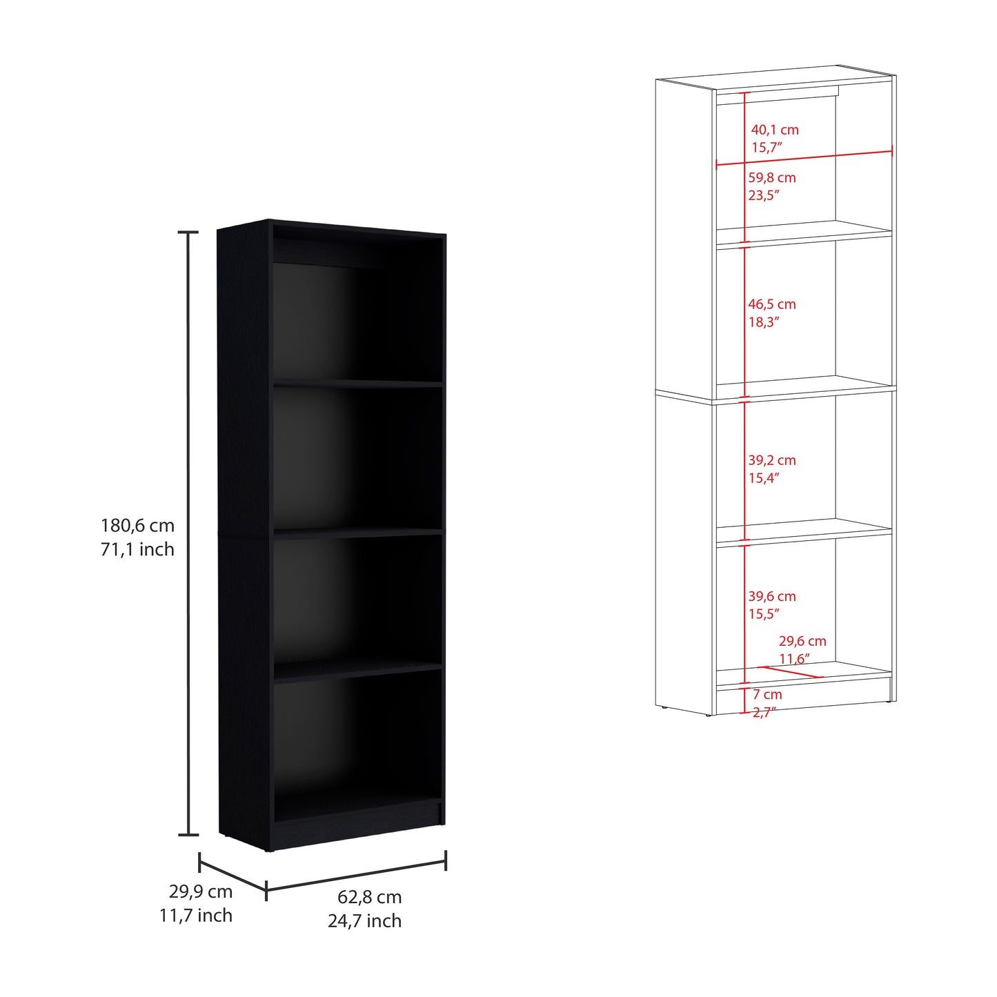 Black fourshelf bookcase with dimensions cm H x cm W x cm D