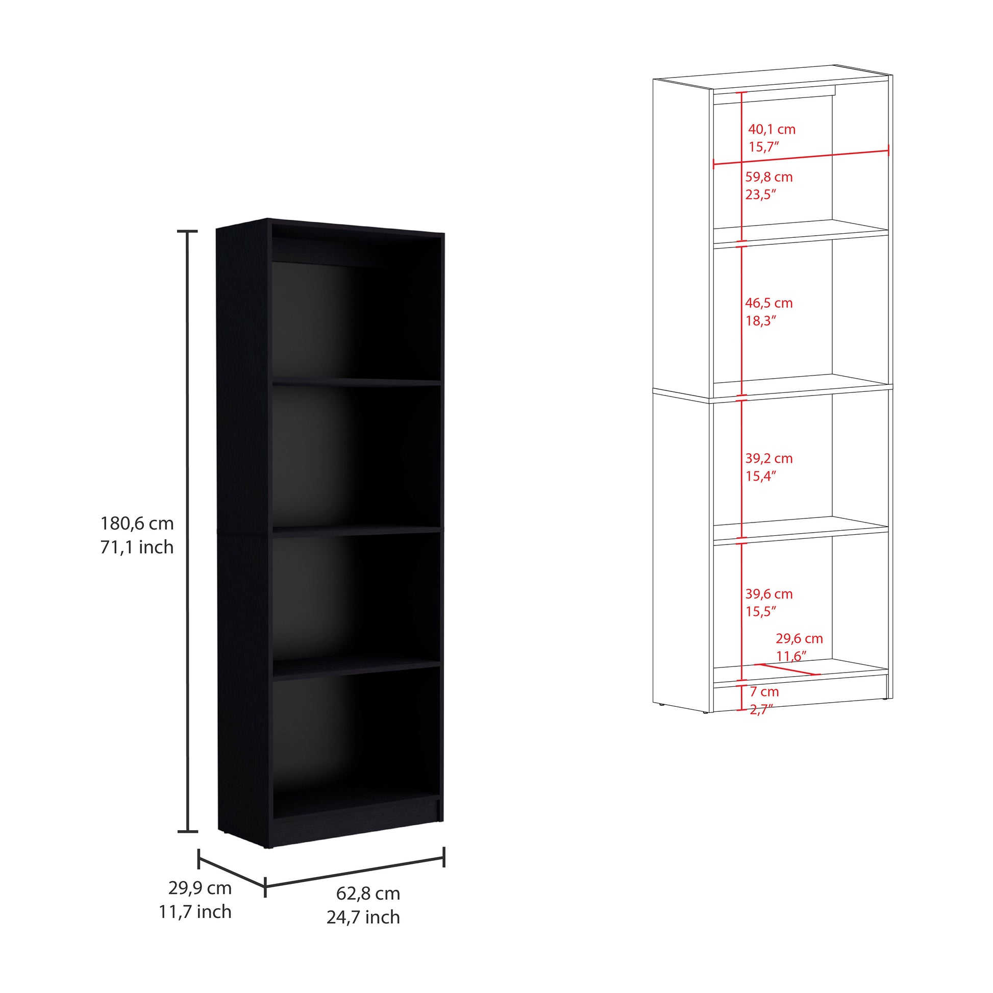 Black fourshelf bookcase with dimensions cm H x cm W x cm D