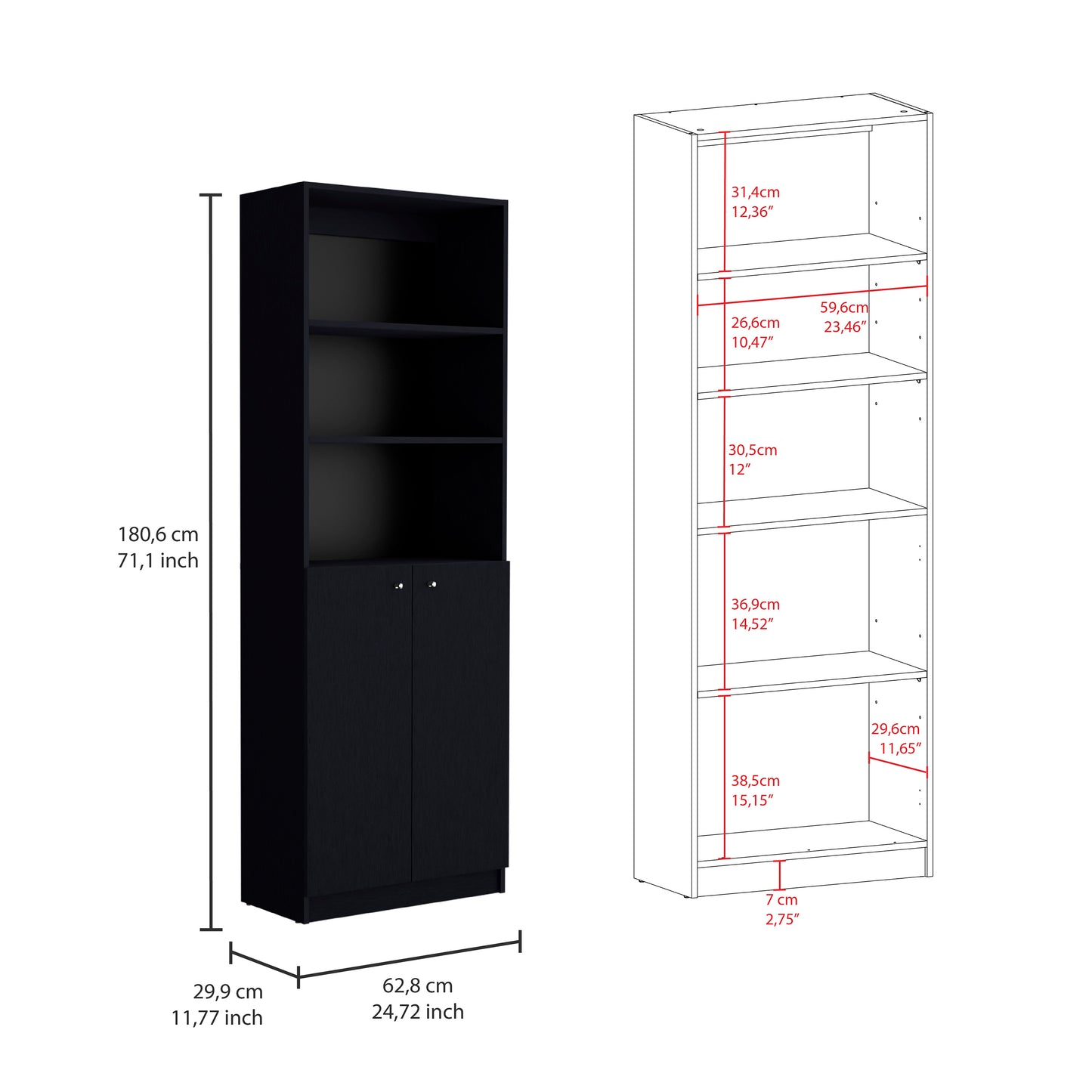 Black tall bookcase with two doors and three shelves perfect for home storage