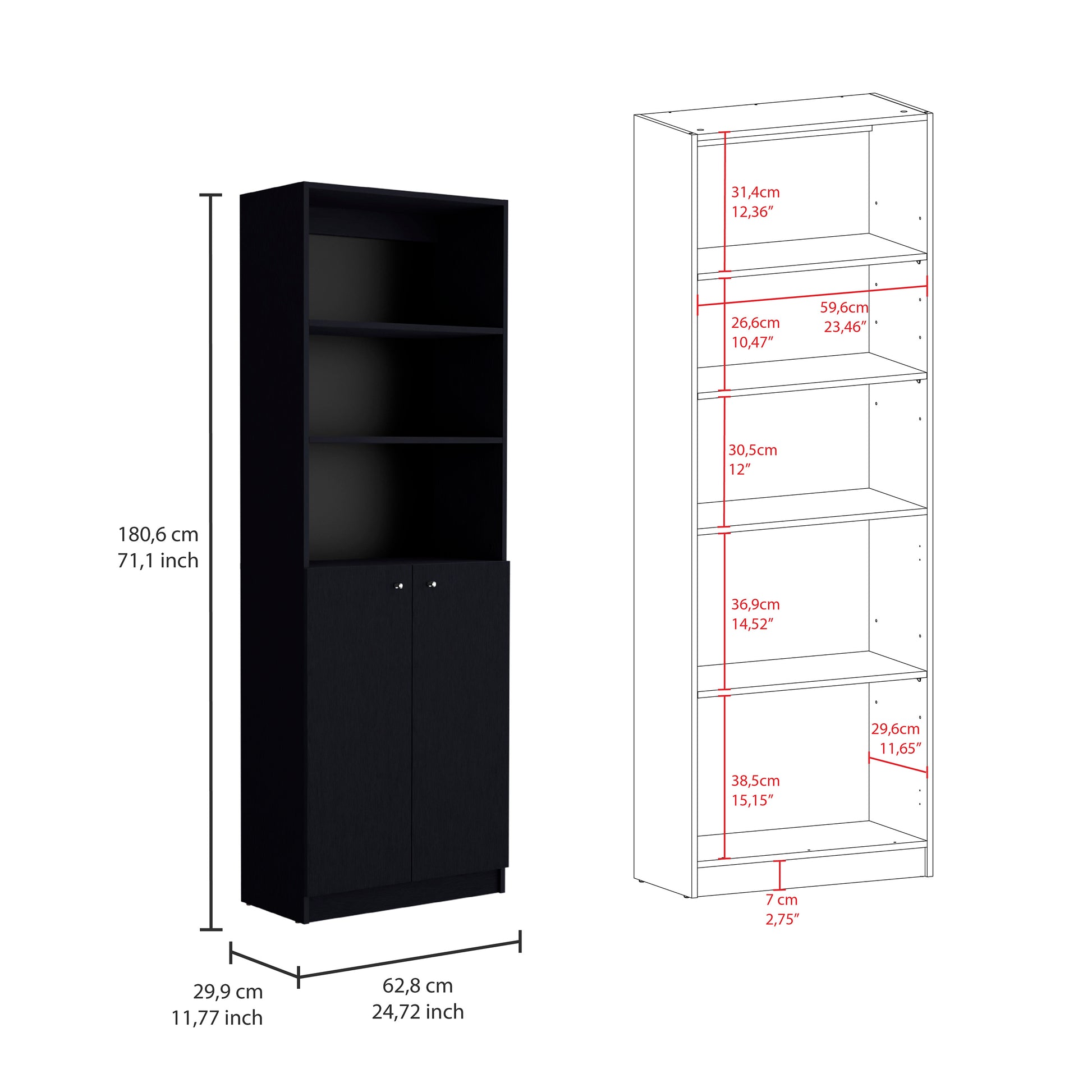 Black tall bookcase with two doors and three shelves perfect for home storage