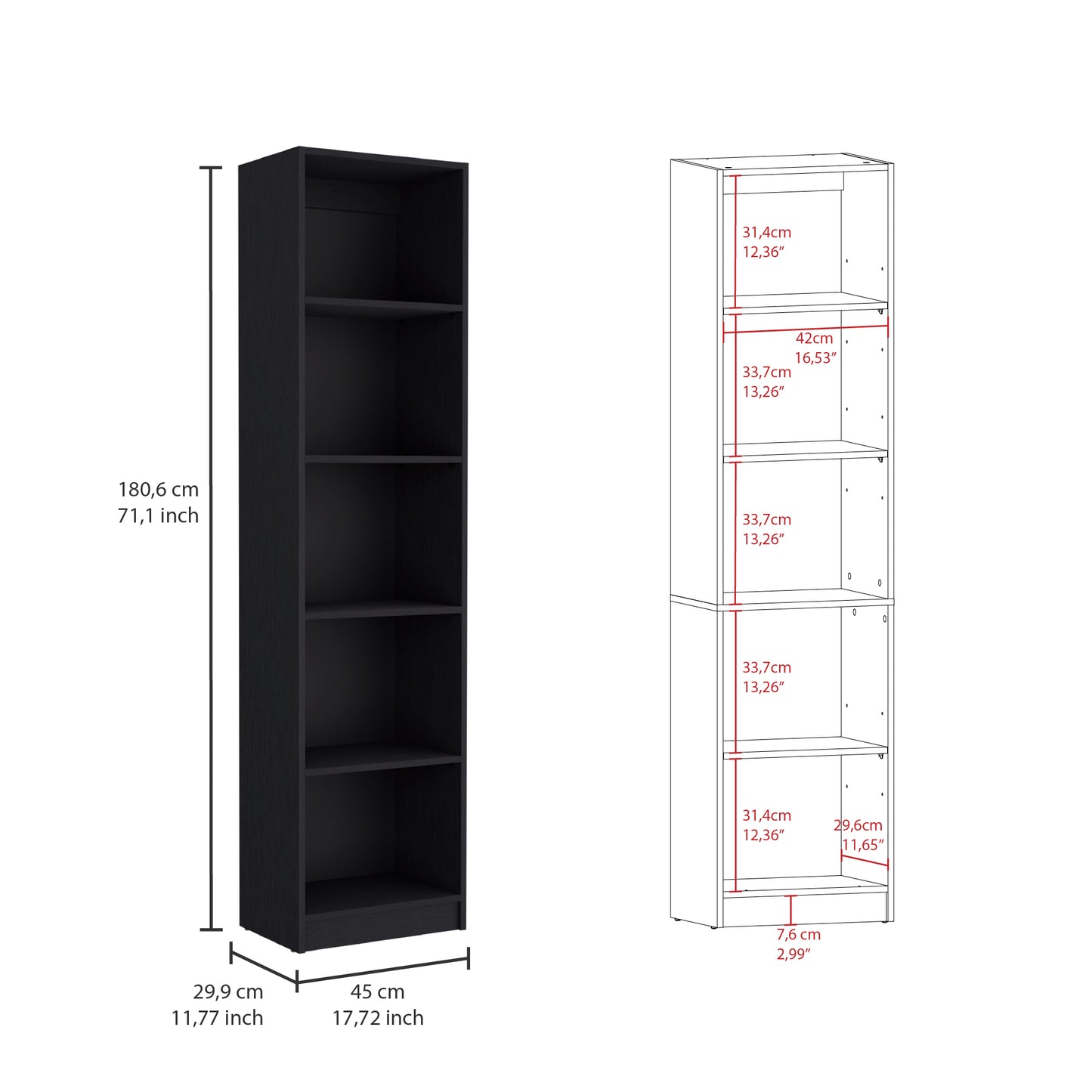 Tall black bookshelf with five open shelves  cm high