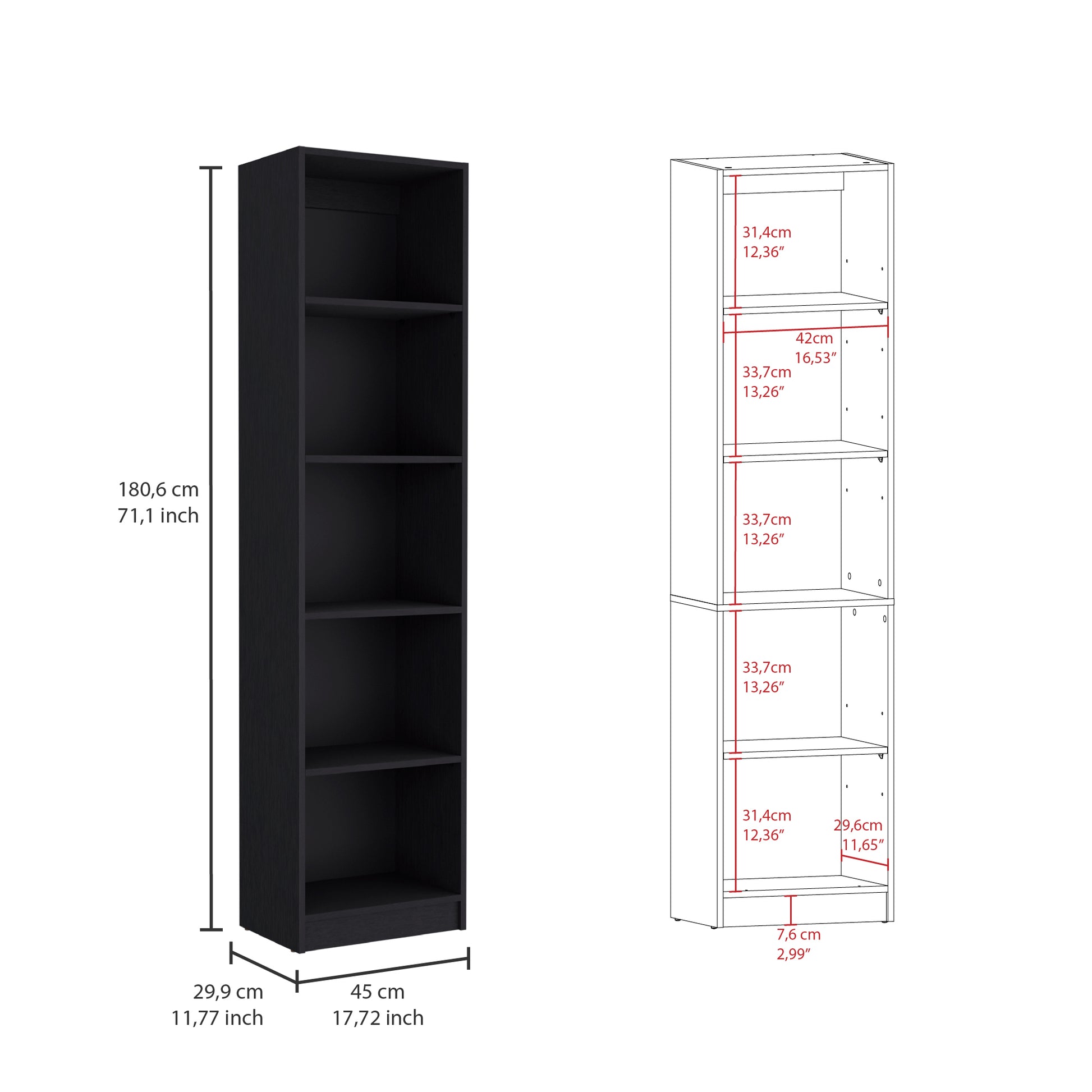 Tall black bookshelf with five open shelves  cm high