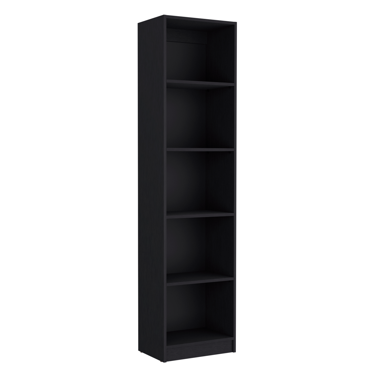Tall narrow black bookshelf with six open shelves ideal for small spaces