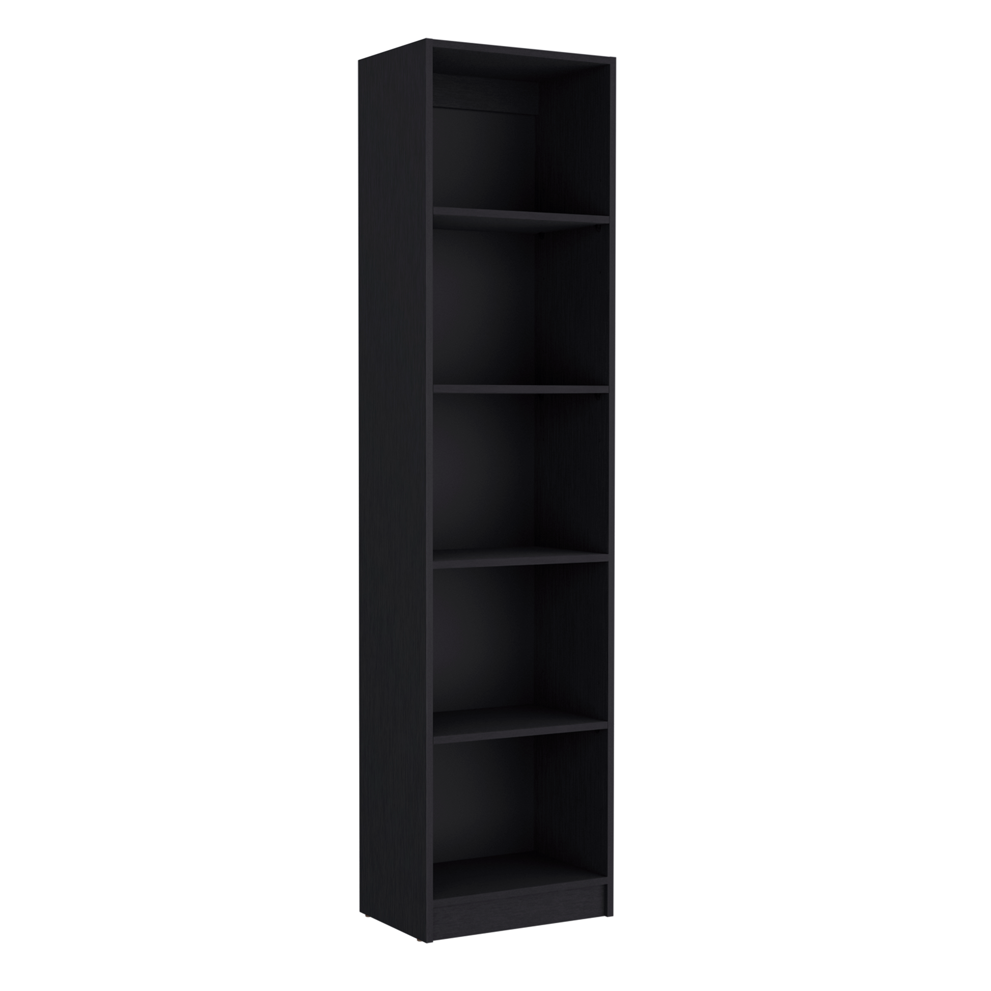 Tall narrow black bookshelf with six open shelves ideal for small spaces