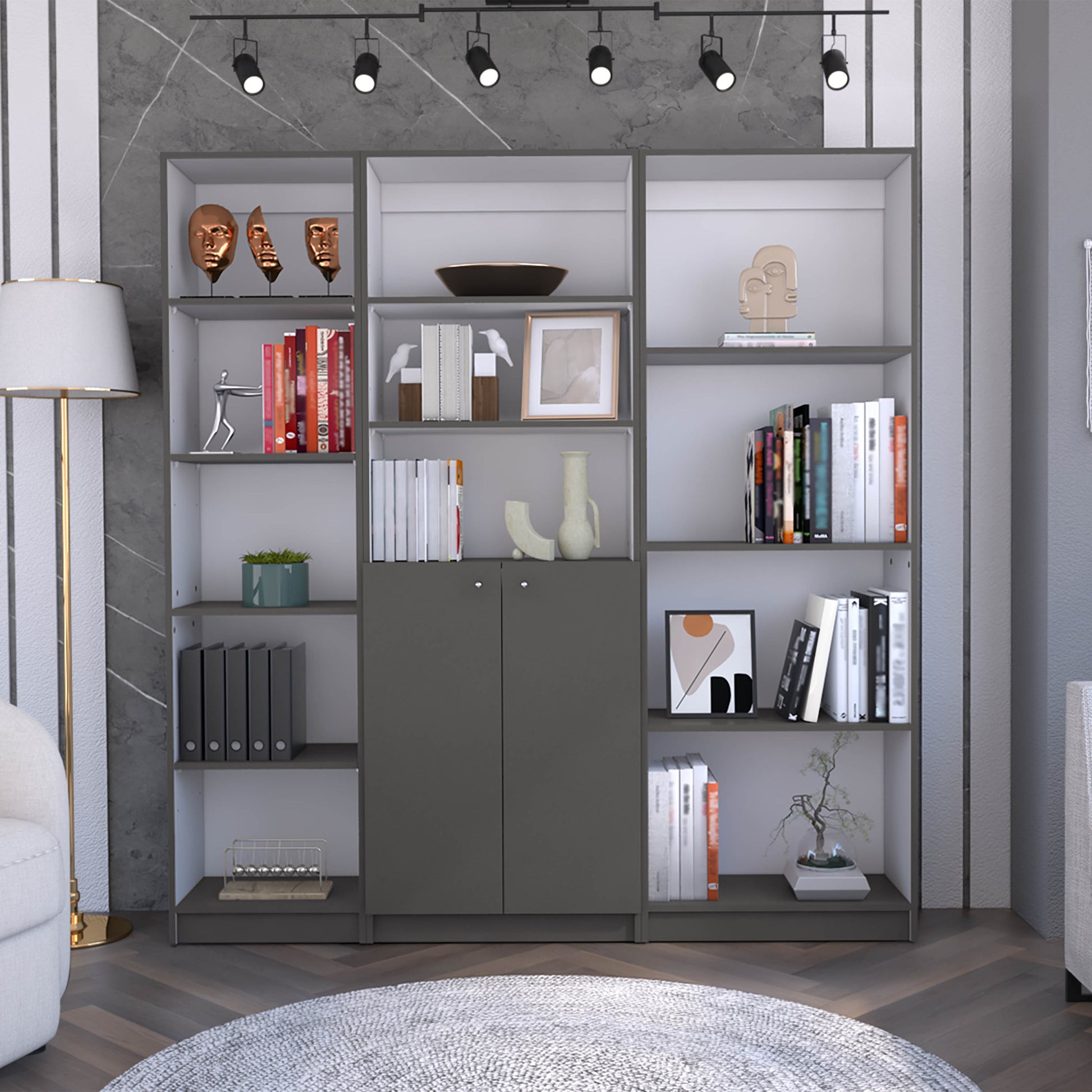 Modern gray modular bookshelf with art deco masks and books