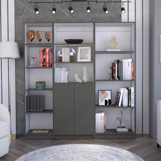 Modern gray modular bookshelf with art deco masks and books