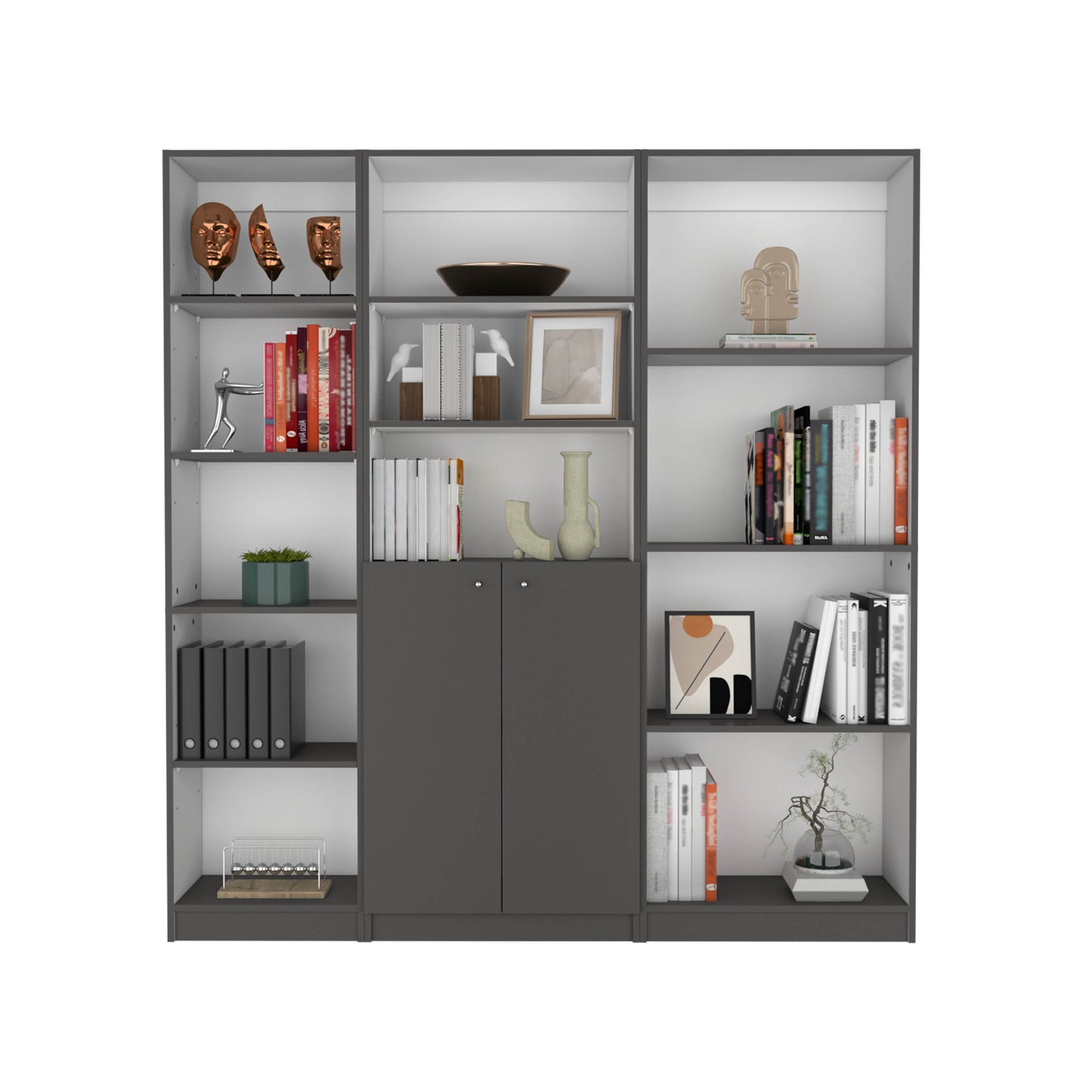 Modern gray bookcase with copper face sculptures on top shelf