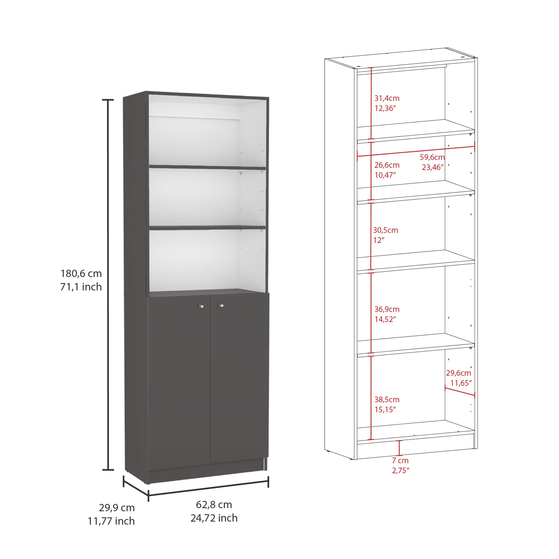 Dark gray tall bookcase with two cabinet doors and open shelving above