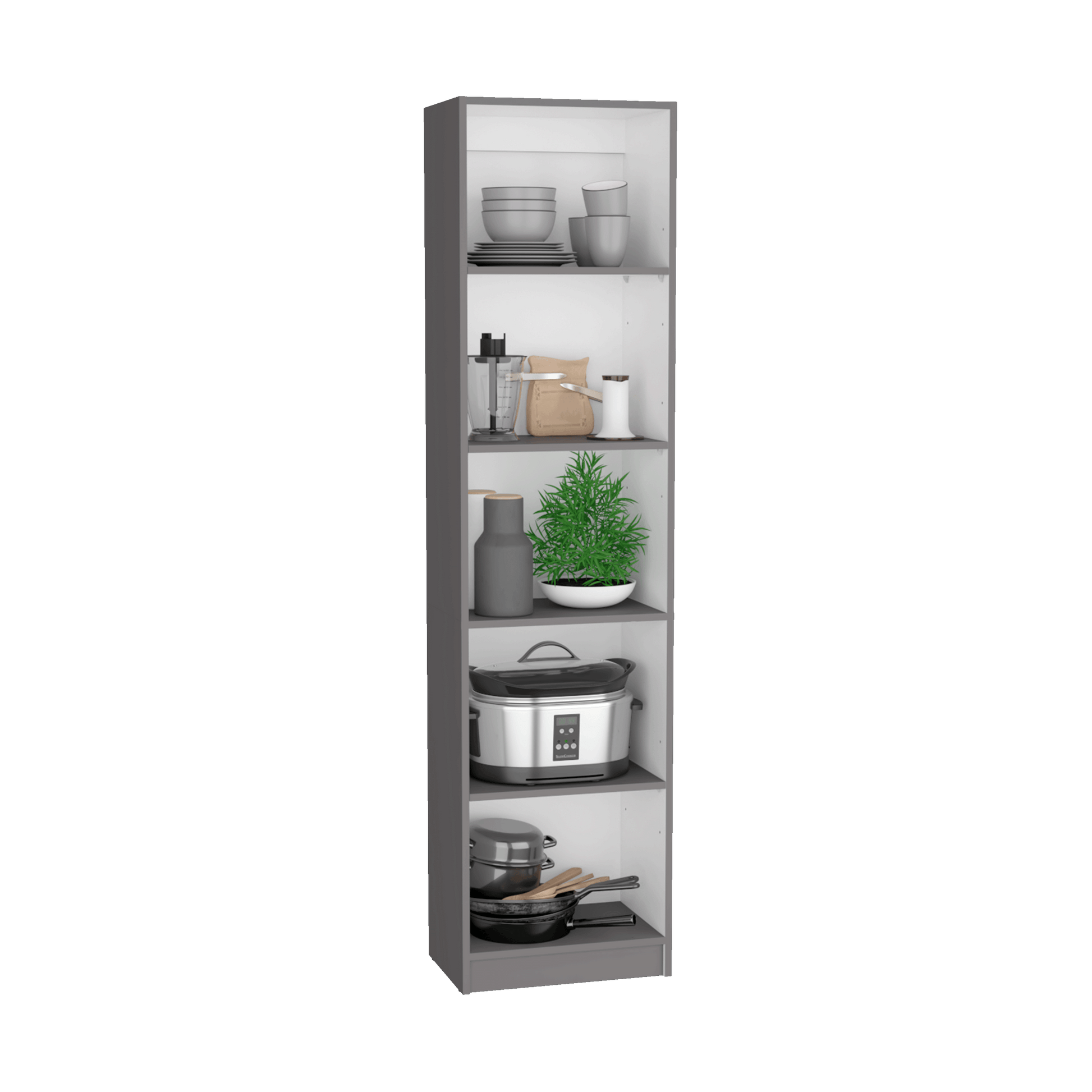Grey kitchen cabinet filled with various cookware crock pot pots pans blender and plant