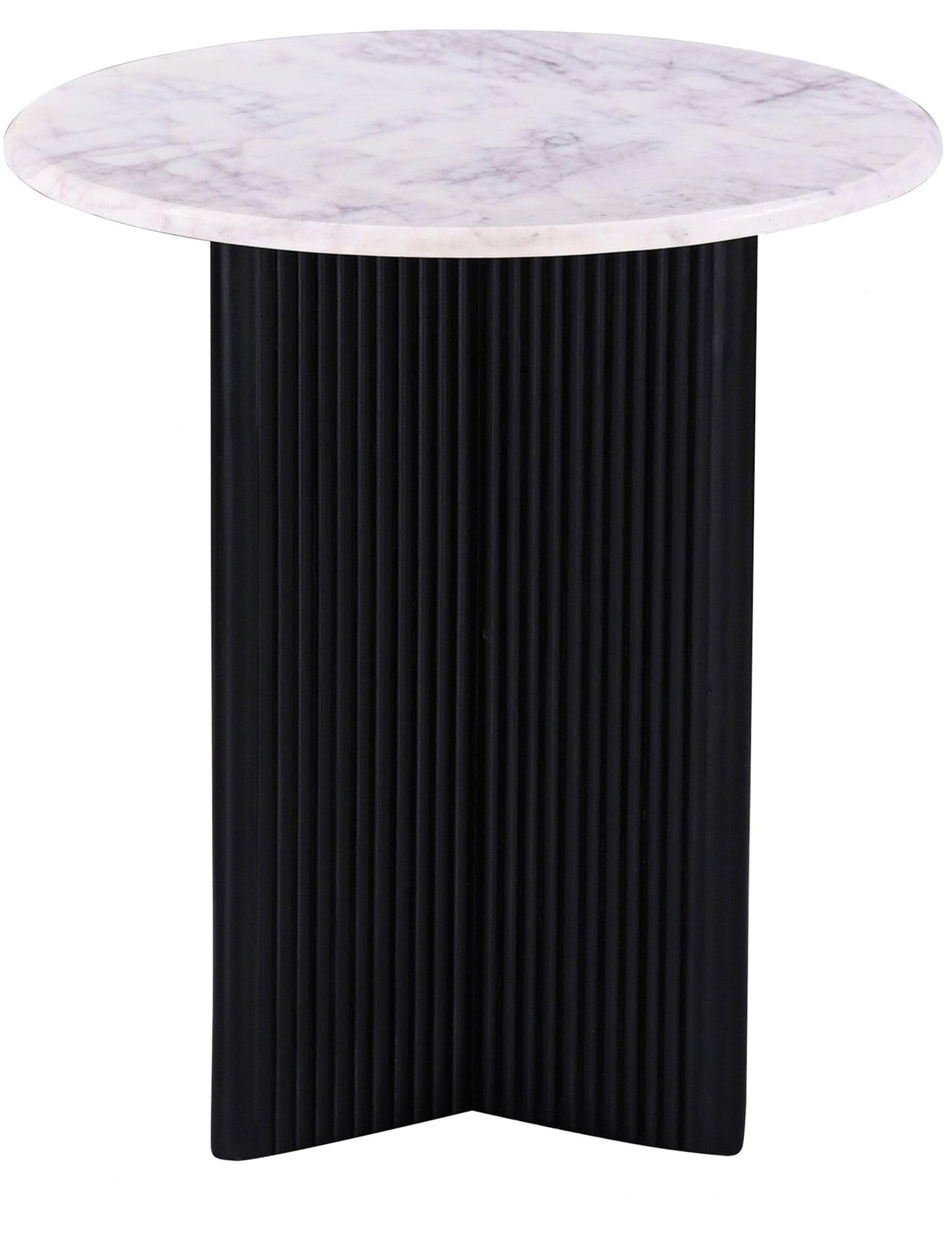 Round white marble top side table with fluted black base