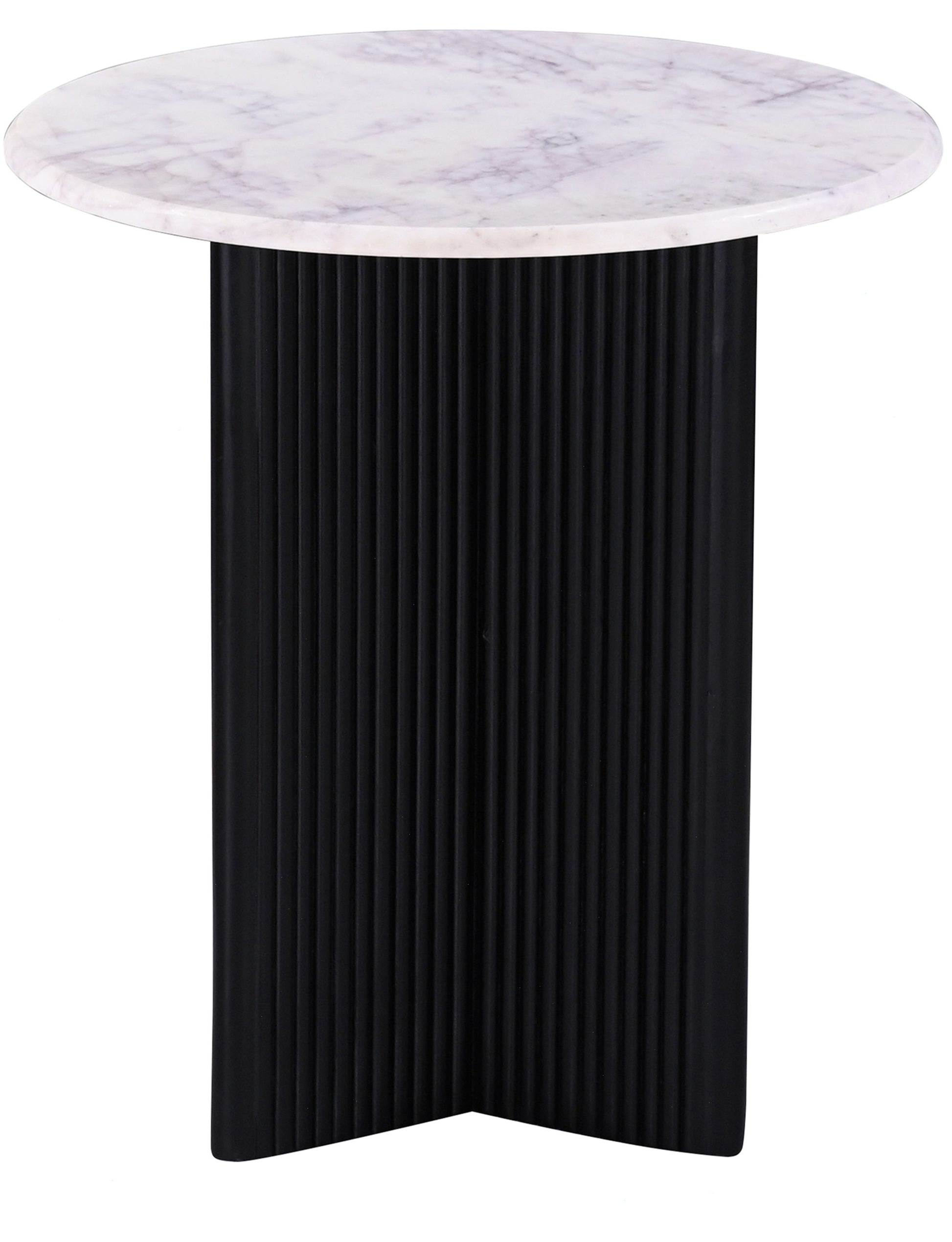 Round white marble top side table with fluted black base