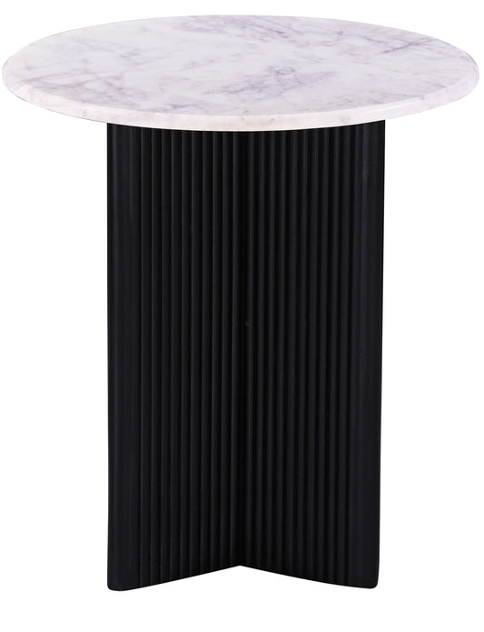 Round white marble top side table with fluted black base