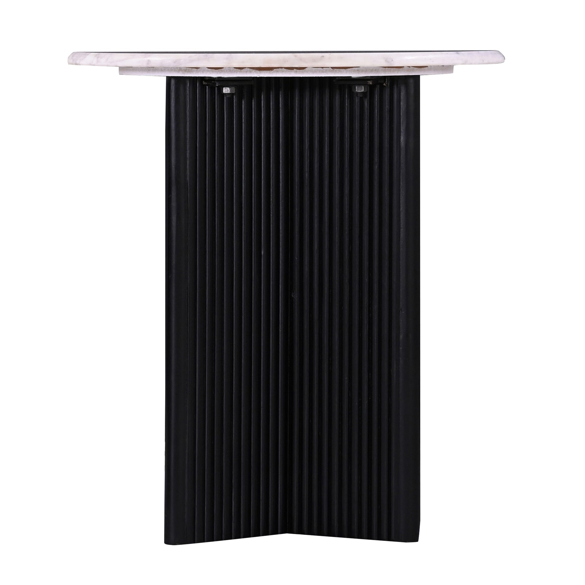 Modern round marble side table with fluted black wood base