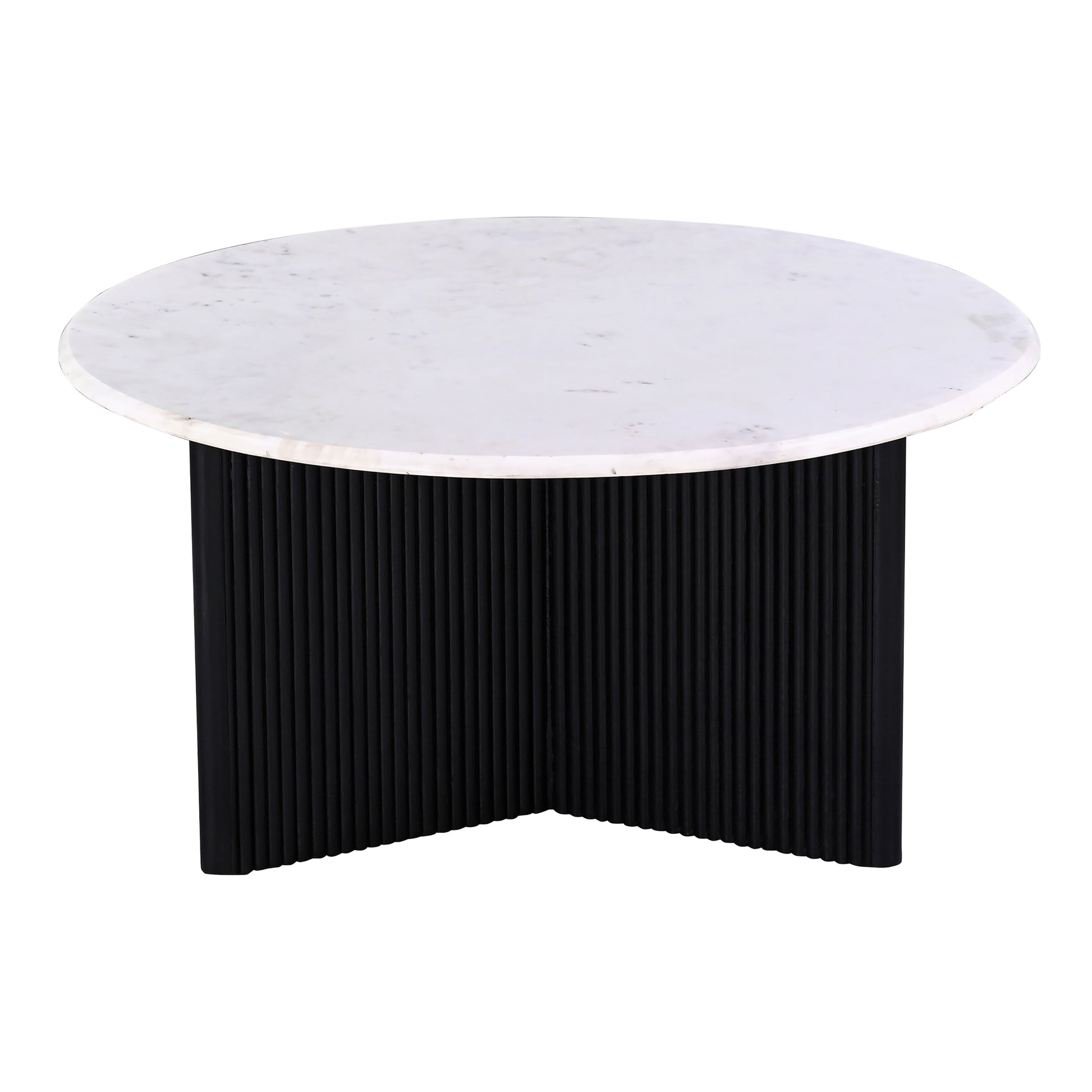 Round marble coffee table with a ribbed black base