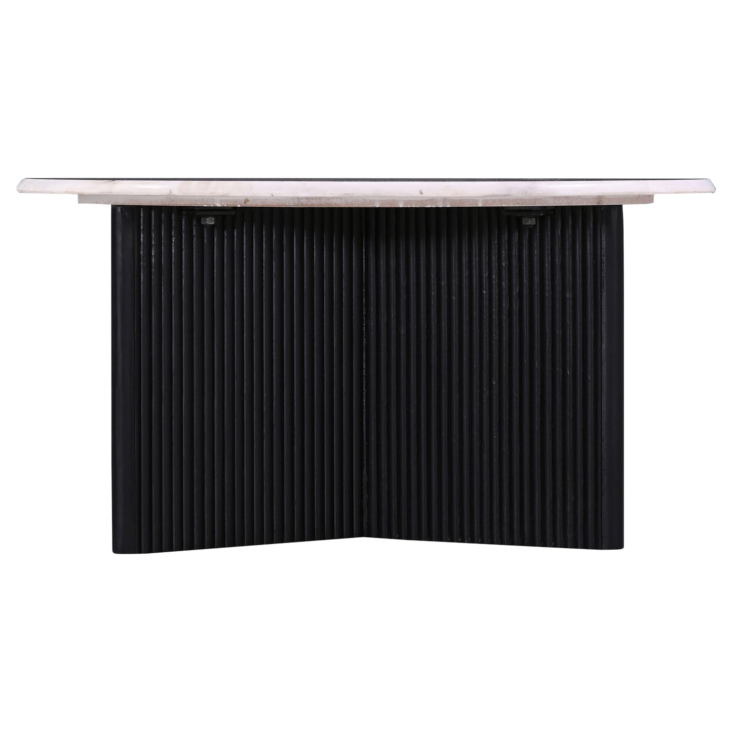 Black fluted console table with a white marble top