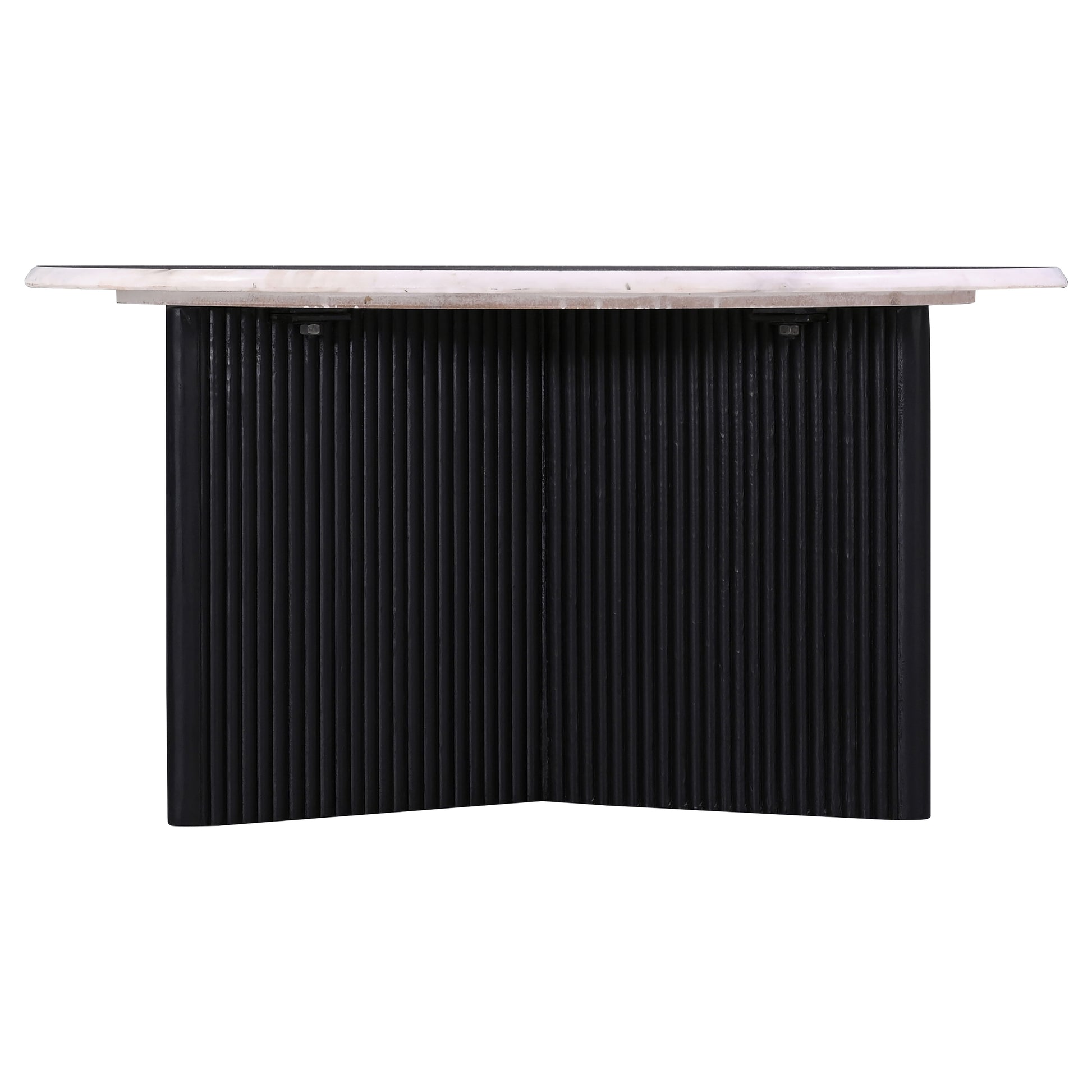 Black fluted console table with a white marble top