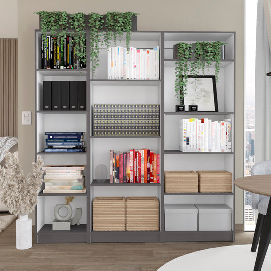 Modern bookshelf with dark grey frame and white shelves featuring hanging plants