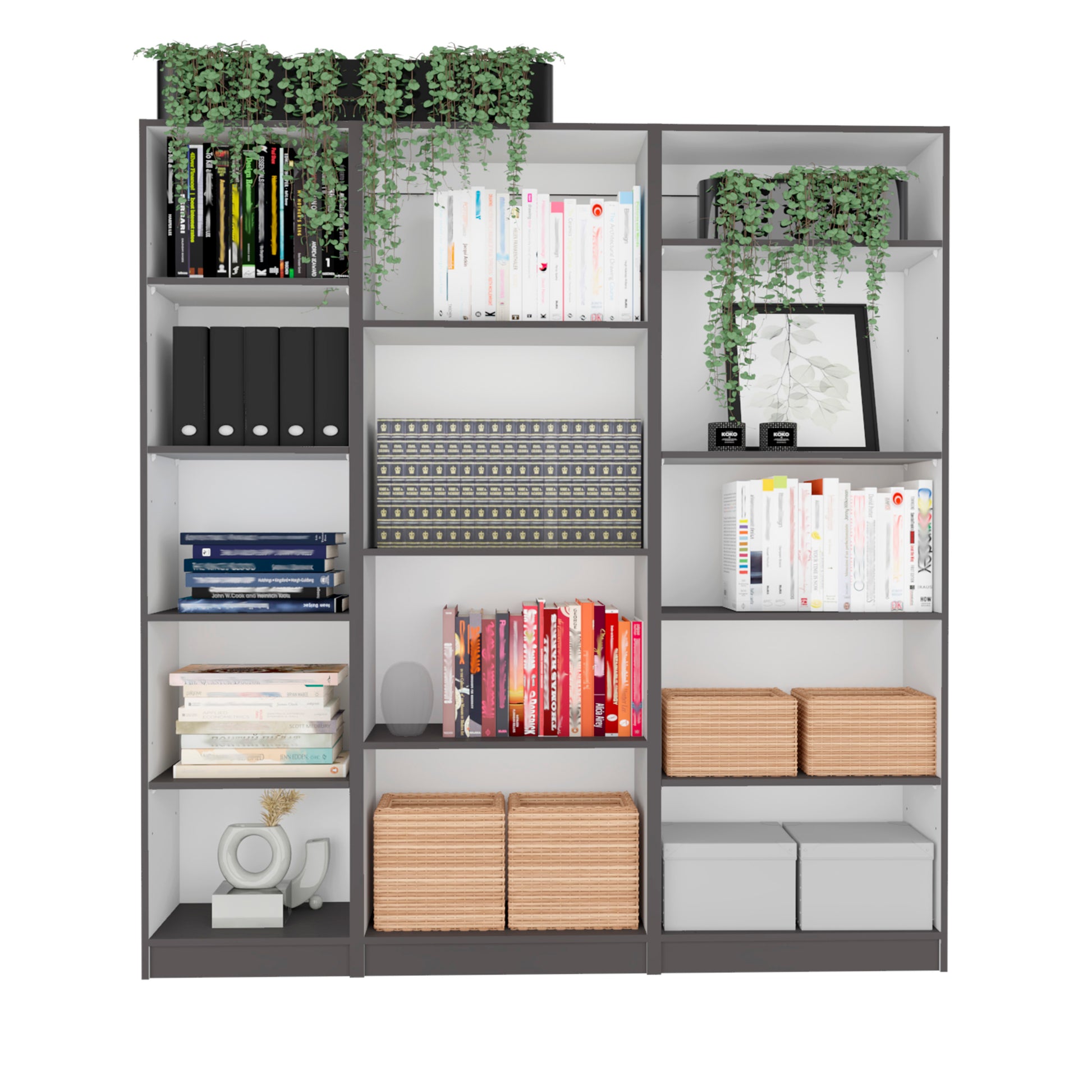 Grey modern bookshelf filled with books binders and decorative items