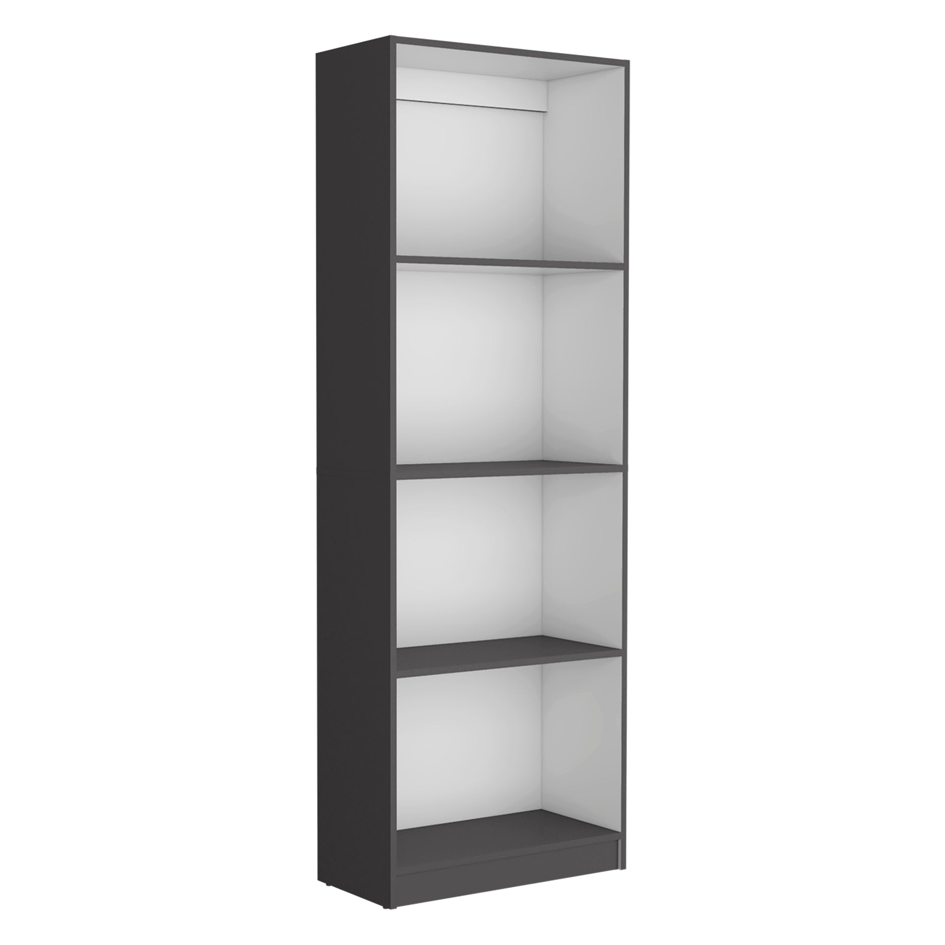 Tall narrow dark gray shelving unit with four open compartments