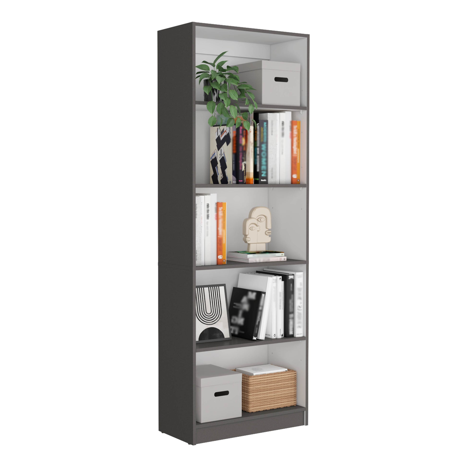 Tall grey modern bookshelf with five shelves holding decor and books