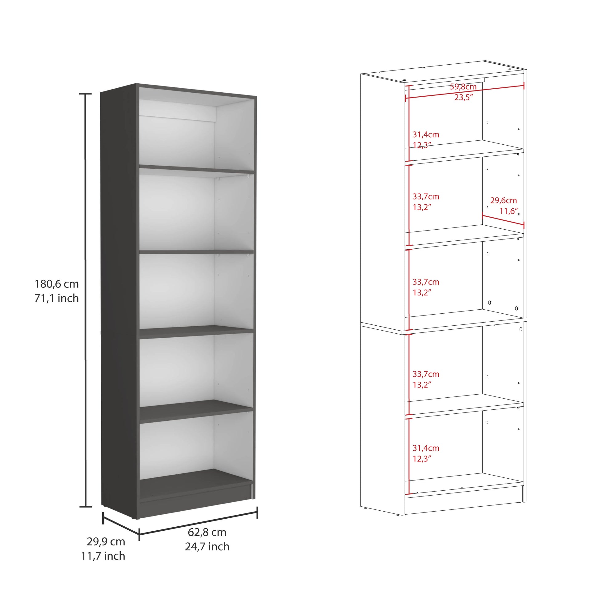 Dark grey tall bookshelf with five shelves  cm height