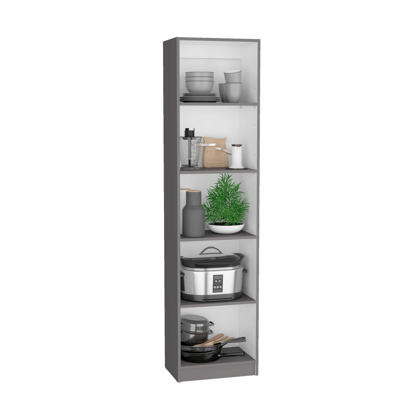Grey and white modern kitchen cabinet with stacked bowls and cups