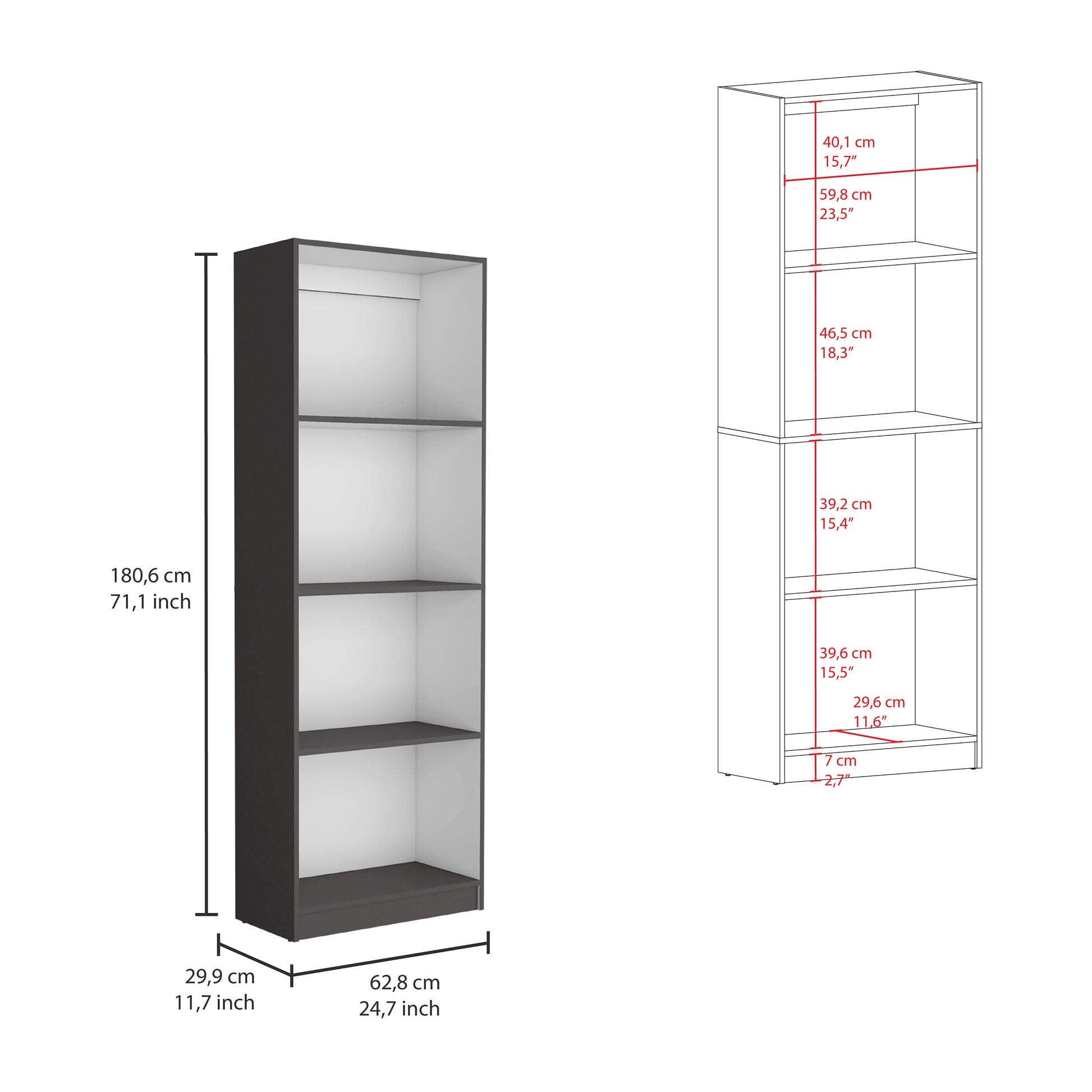 Tall narrow dark grey bookshelf with four open shelves perfect for small spaces