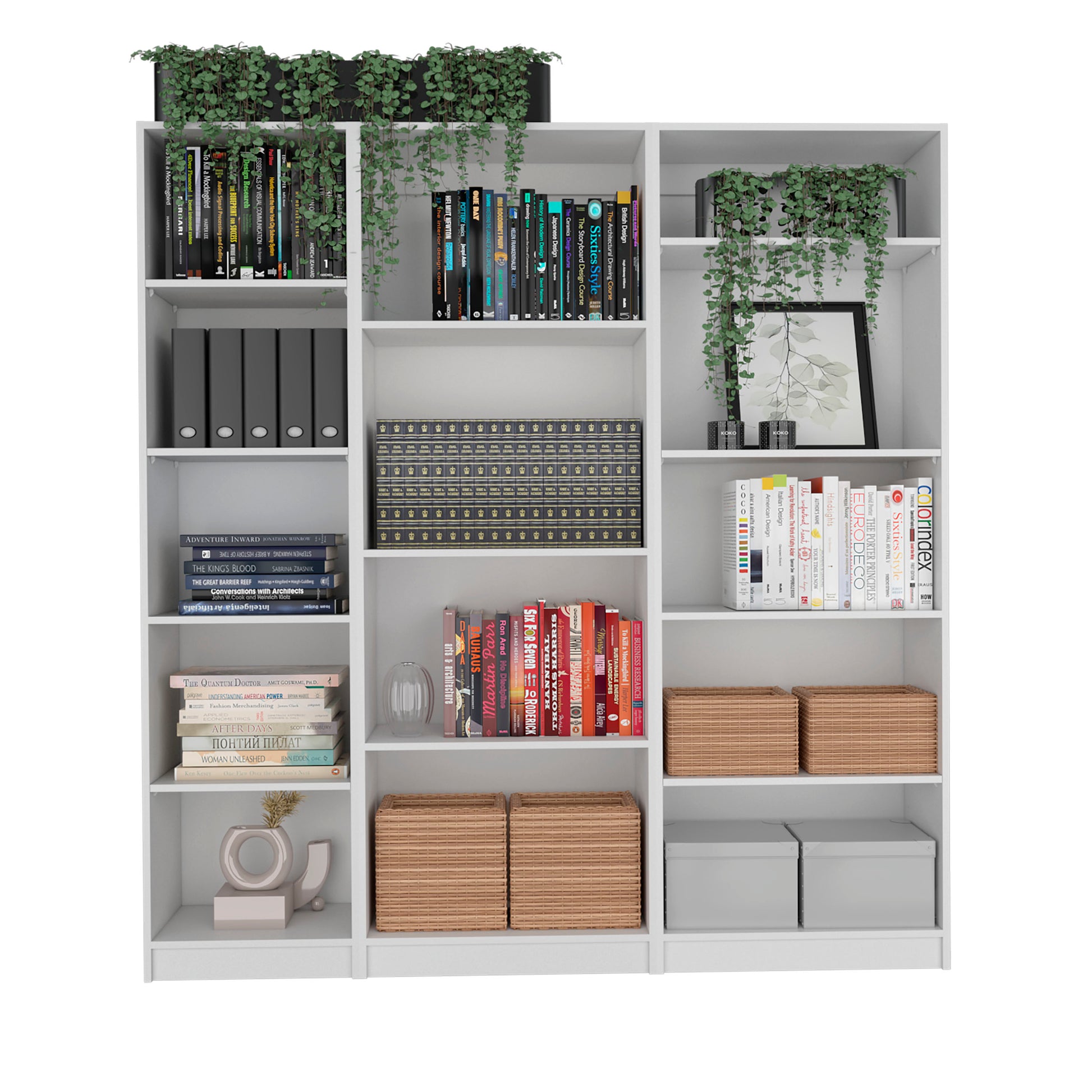 White bookshelf filled with books and decorative items including hanging plants