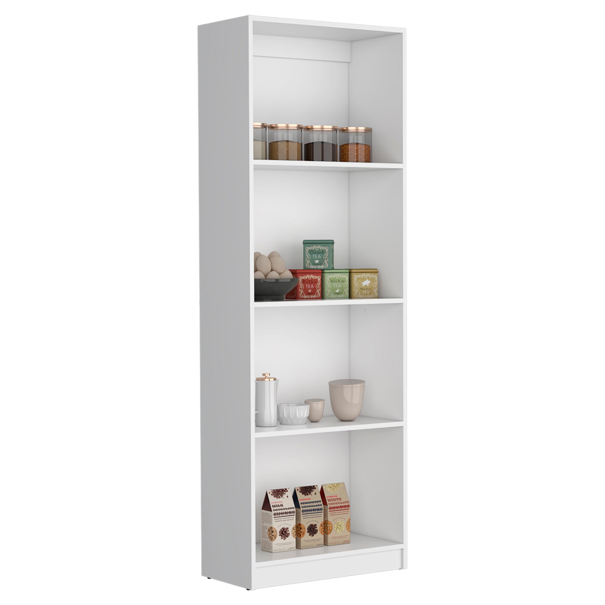 White narrow bookshelf with glass spice jars on top shelf