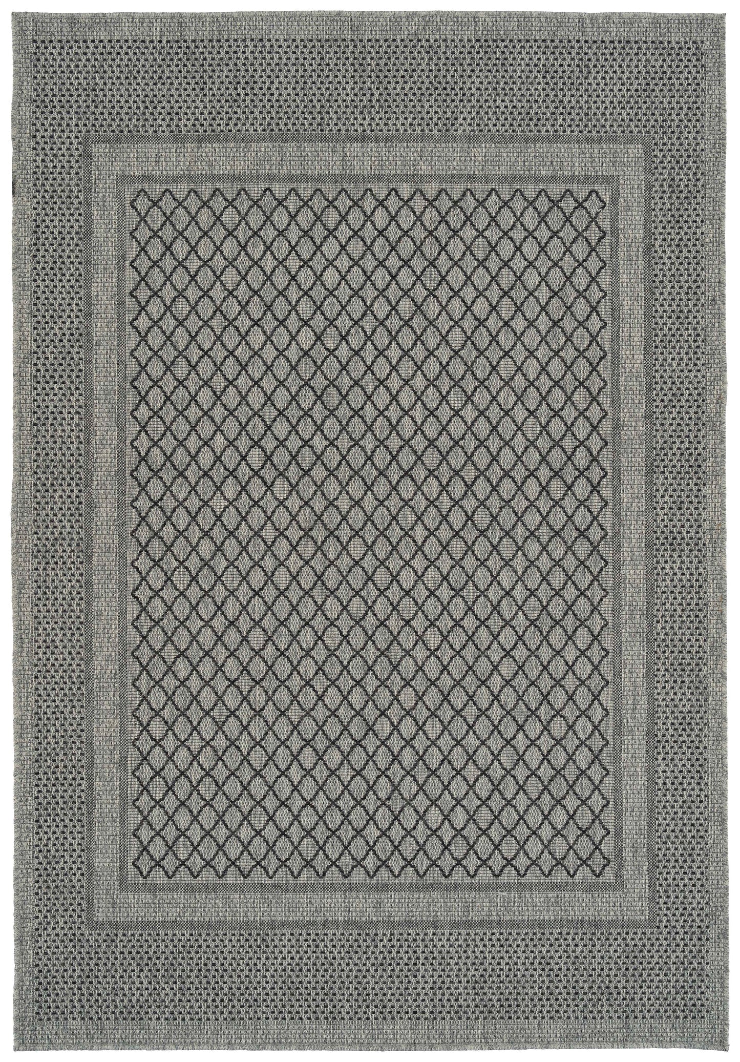 Gray area rug with a central diamond pattern and geometric border