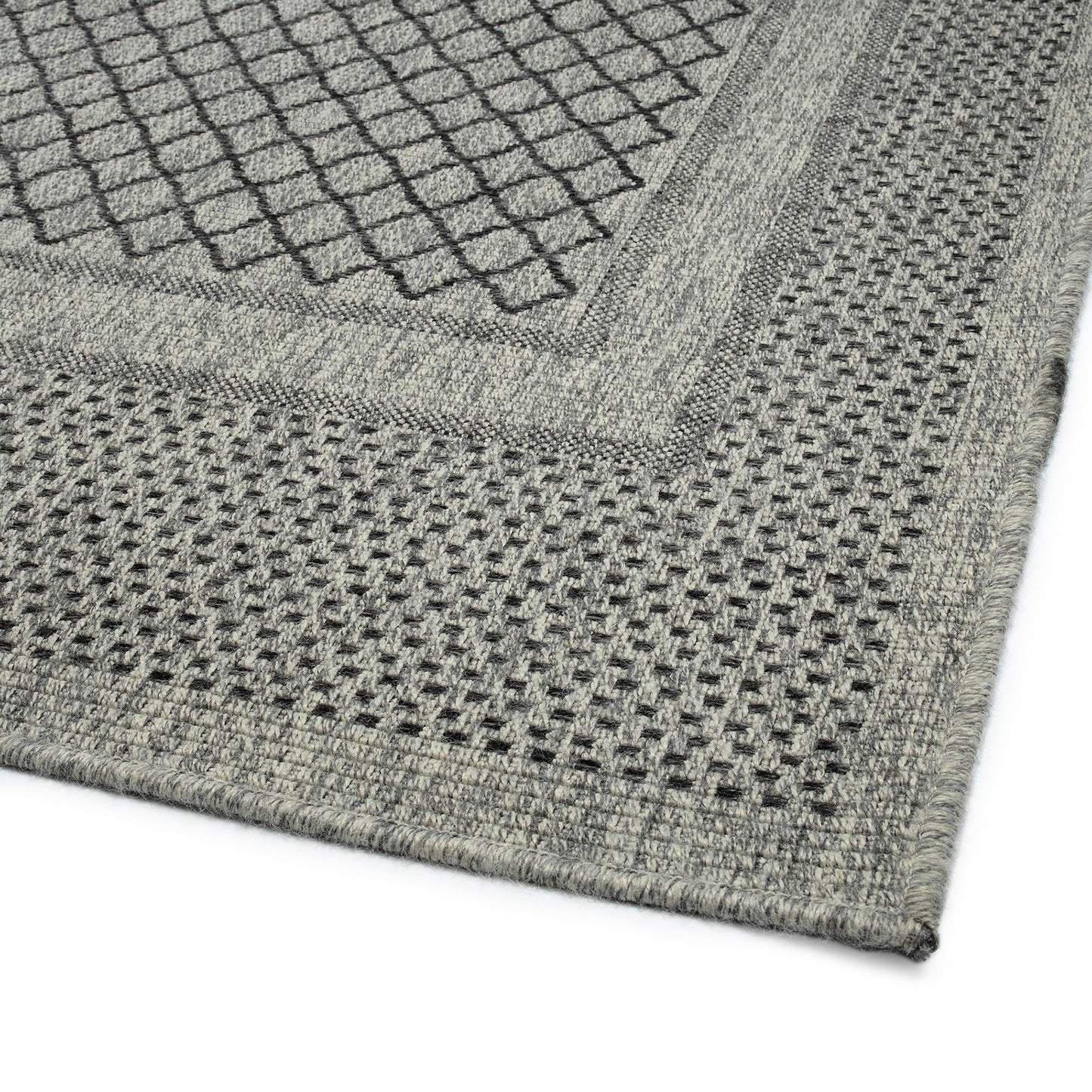 Gray woven area rug with a modern diamond pattern and textured border for living rooms