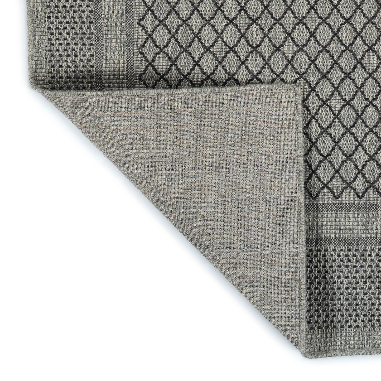 Gray geometric diamond pattern area rug with textured woven detail  characters
