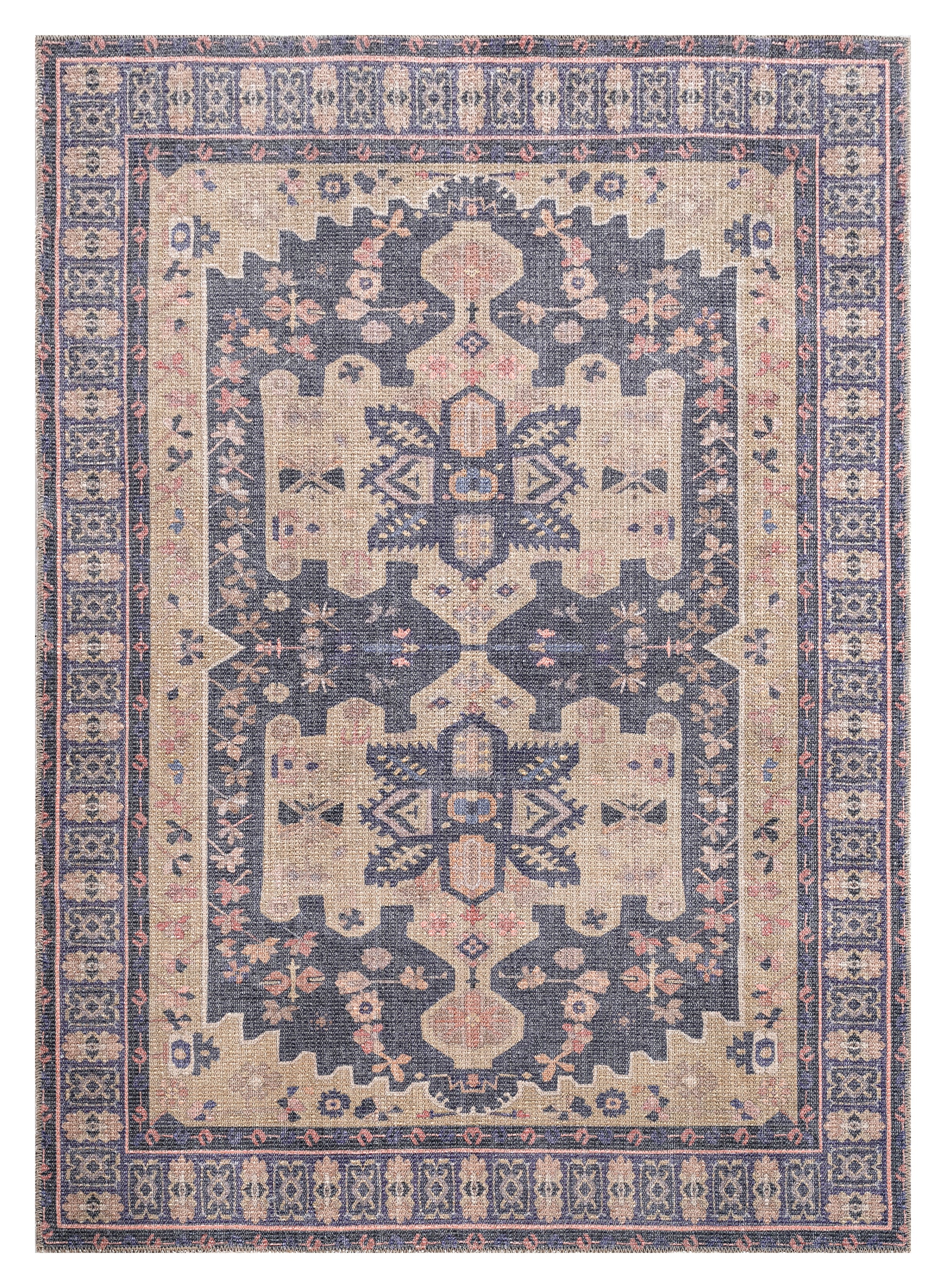 Navy blue and beige distressed oriental rug with intricate geometric patterns