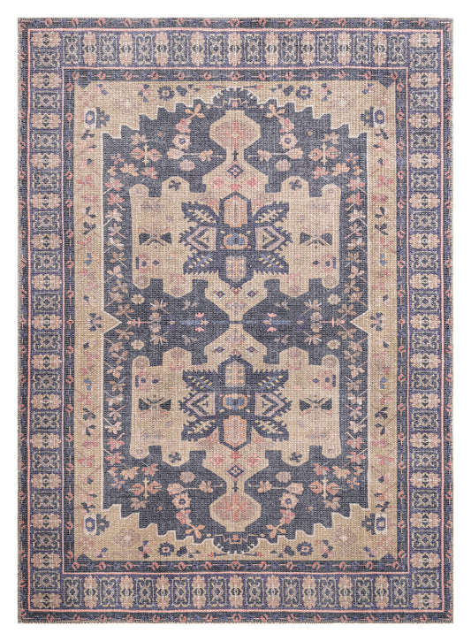 Navy blue and beige distressed oriental rug with intricate geometric patterns