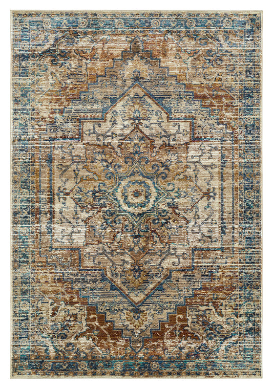 Distressed Persianstyle area rug with intricate blue and brown patterns