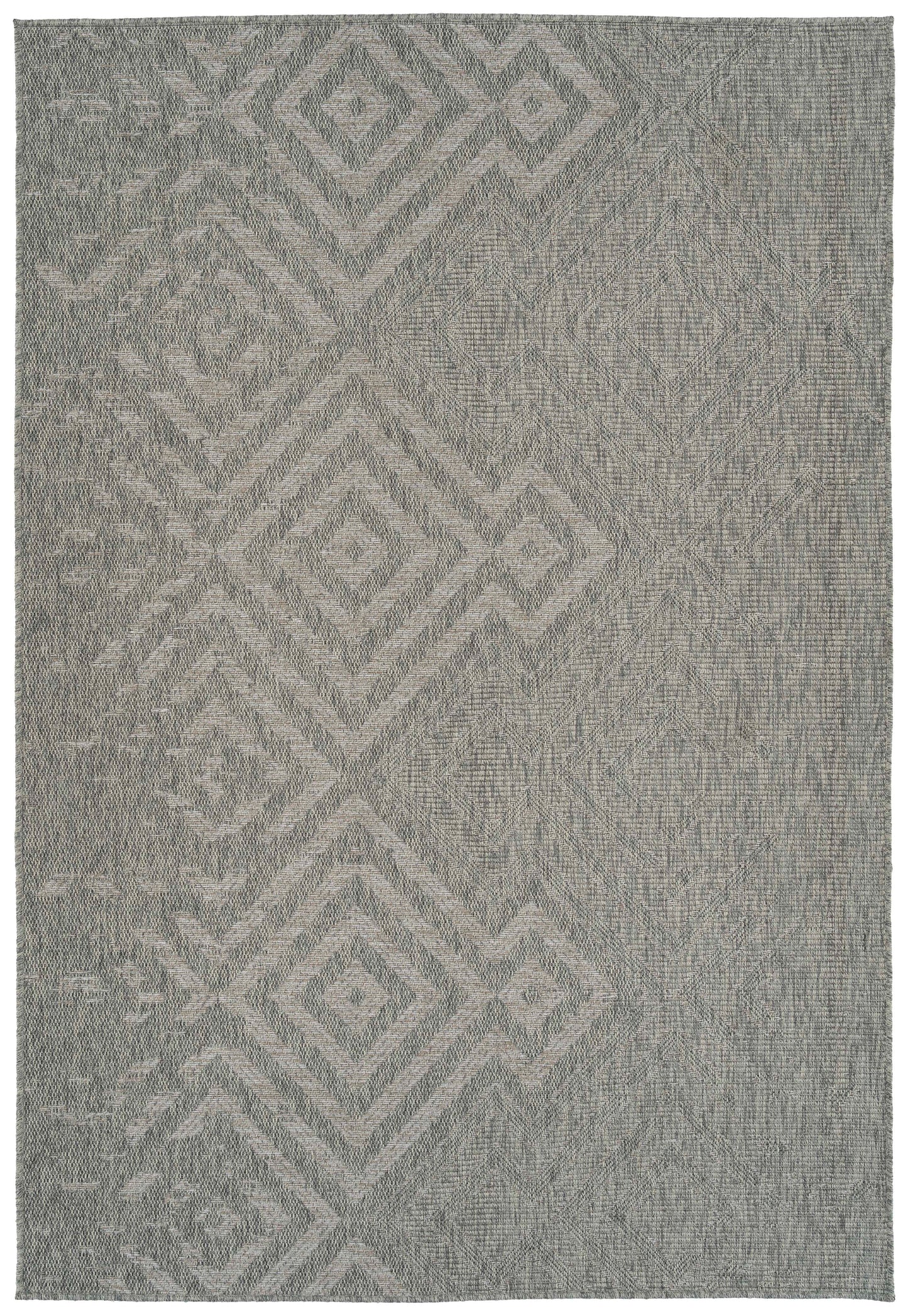 Gray diamond pattern outdoor rug with textured weave for patios